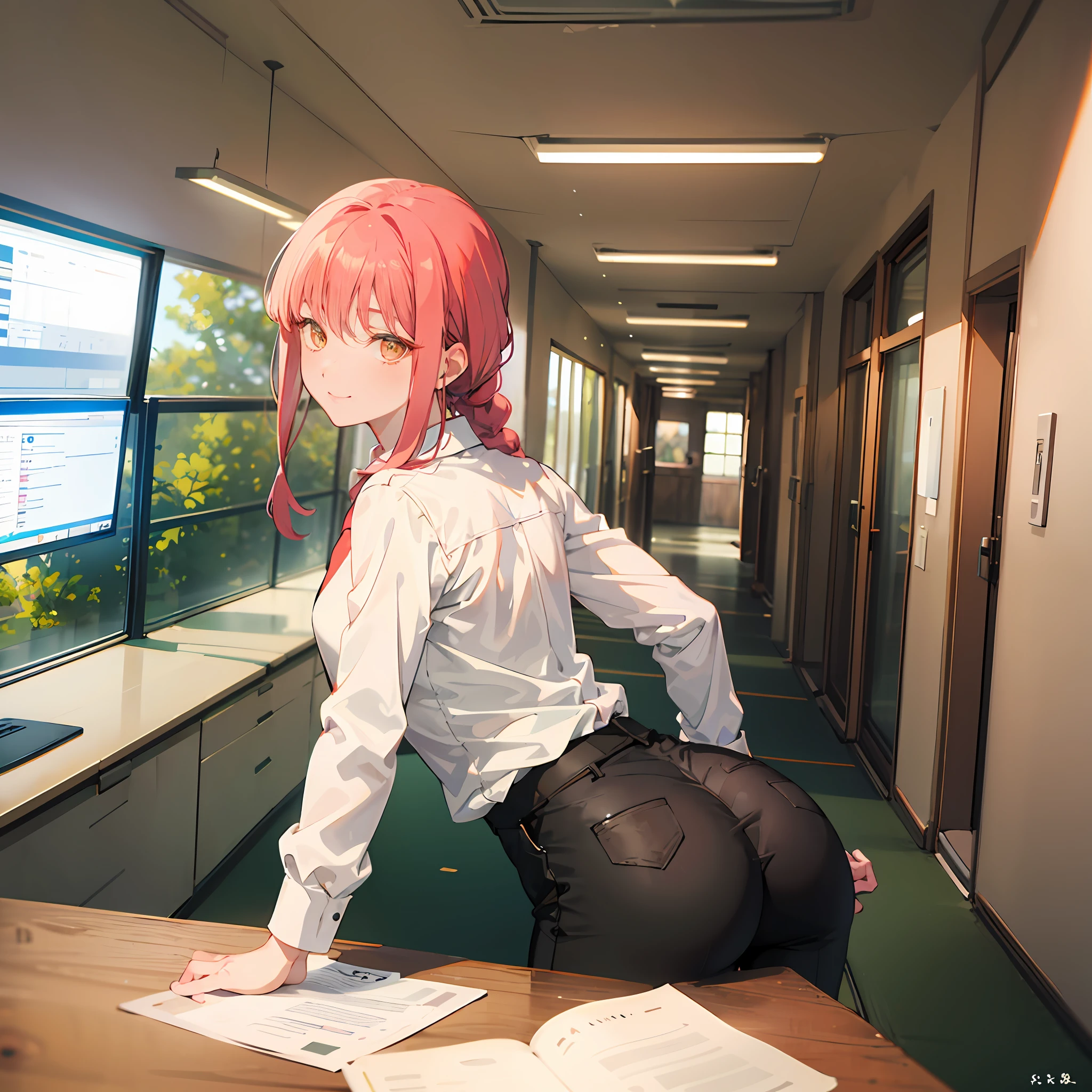 (masterpiece, best quality:1.2), from behind, solo, 1girl, makima, slight pervert smile, closed mouth, looking back, braided ponytail, ringed eyes, white shirt, black pants, bent forward, hands on desk, bent on desk, pervert, ultra detailed, beautiful body, best quality, red hair, office pants, necktie, chainsaw man anime, sexy, full body, nice booty, formal, suit, collared_shirt, pants, office, secretary, bent over, slutty