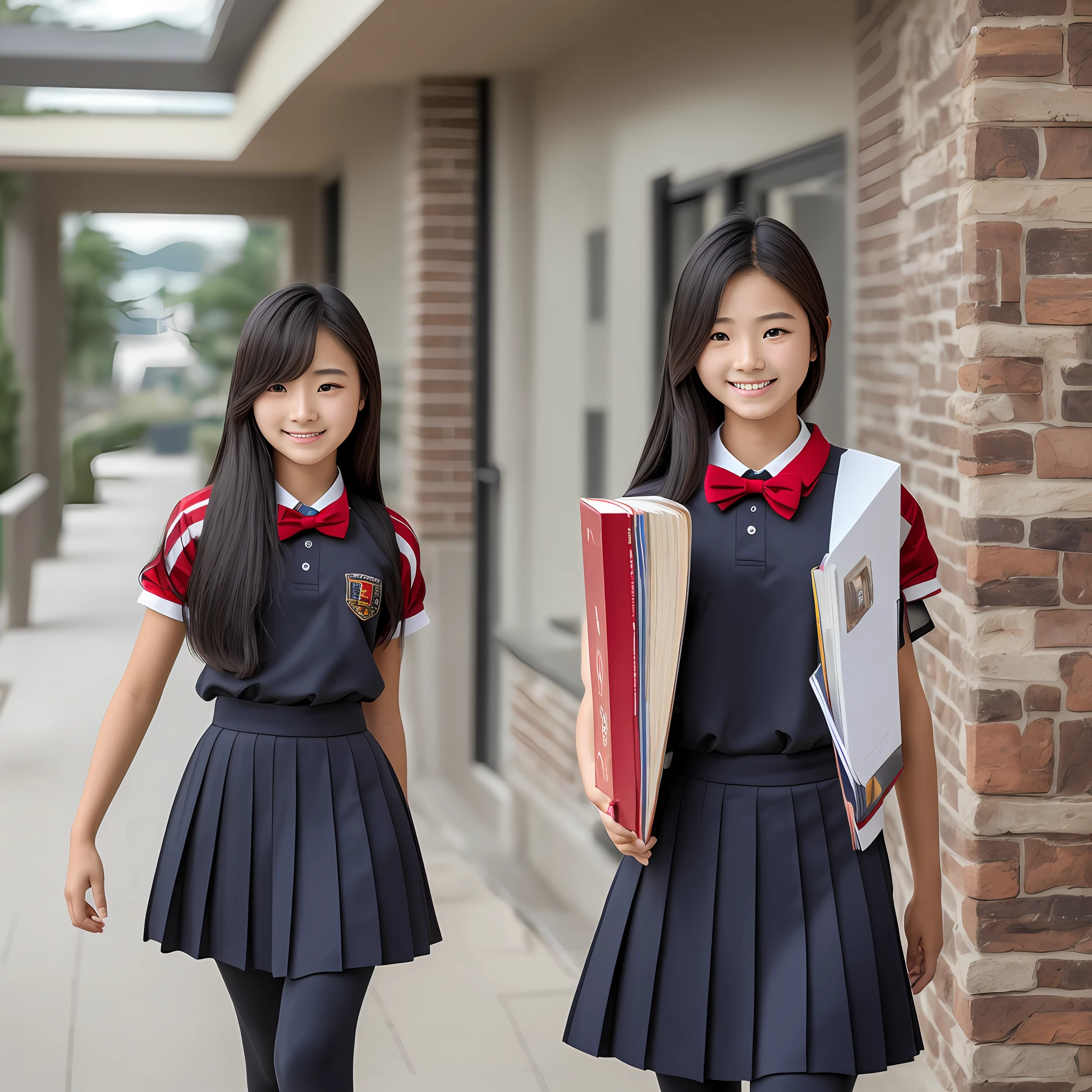 16 year old girl, South Korean, Asian, petite physique, acute, black hair in ponytail, red bow in hair, high school student, traditional high school uniform, walking the hallways of high school, carrying books, RAW photos, 8K, highest quality, ultra-high resolution, hyper realistic, real human skin, shy expressions, Front view, realistic, photorealistic, whole body --auto