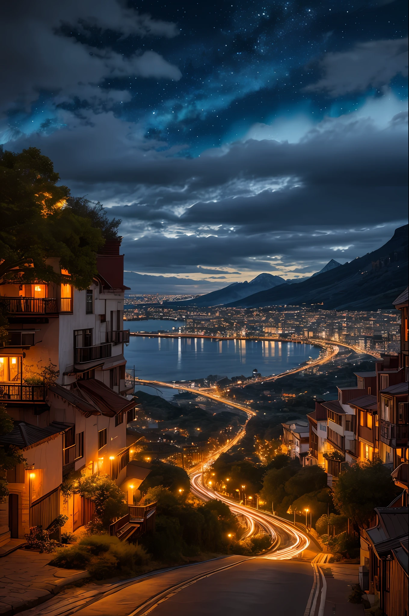 best quality, masterpiece, beautiful wild and natural fantasy landscape with glowing lights,urban cities, harmony with the nature