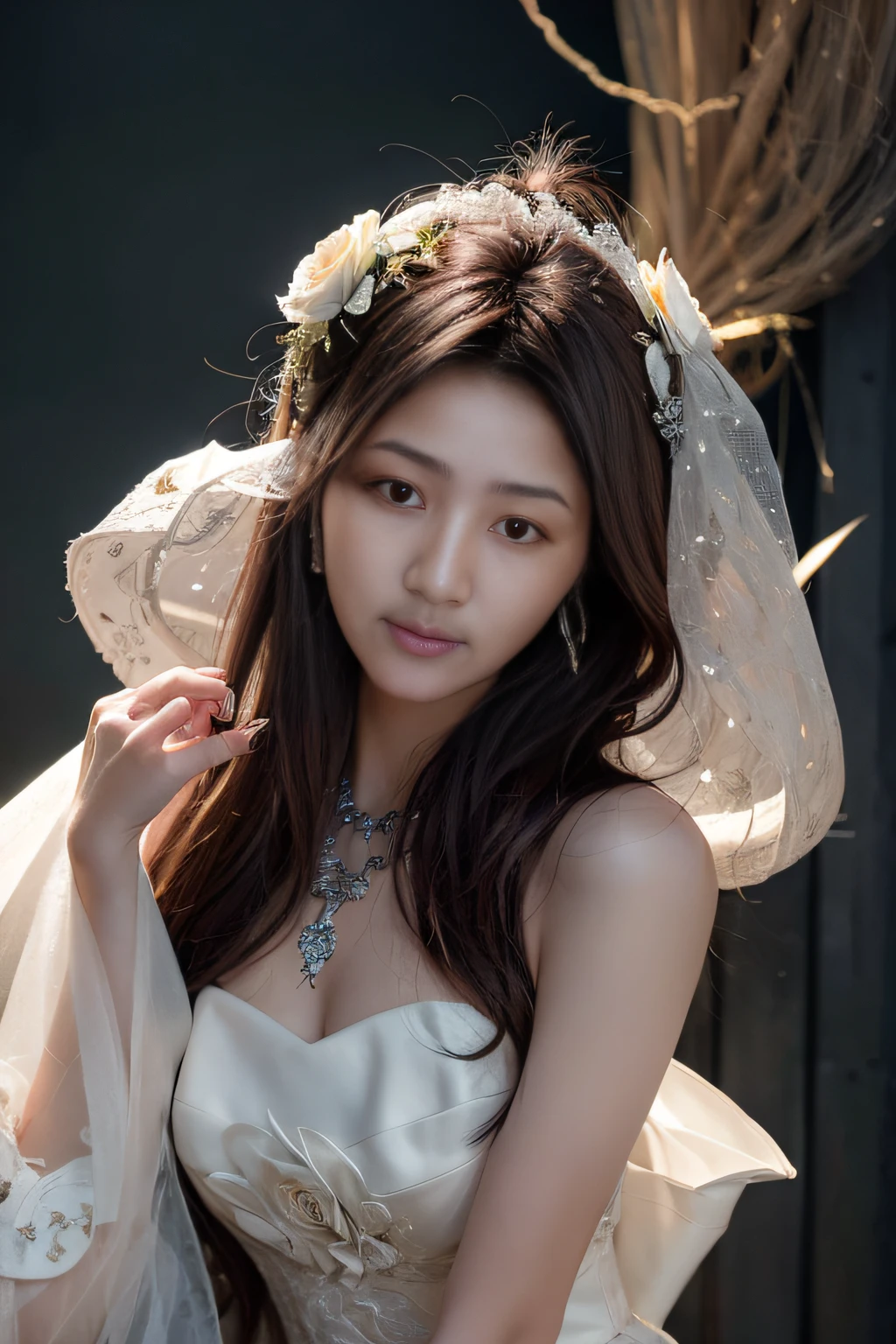 Alafi woman in white dress,A veil is worn over his hair,Flowers on the hair, portrait of female korean idol, tzuyu from twice, Choi Hyun-hwa, hwang se - on, Lee Ji-eun, lee ji eun, korean artist, jaeyeon nam, Beautiful young Korean woman, Gorgeous young Korean woman, young wan angel, Kwak Ji-young