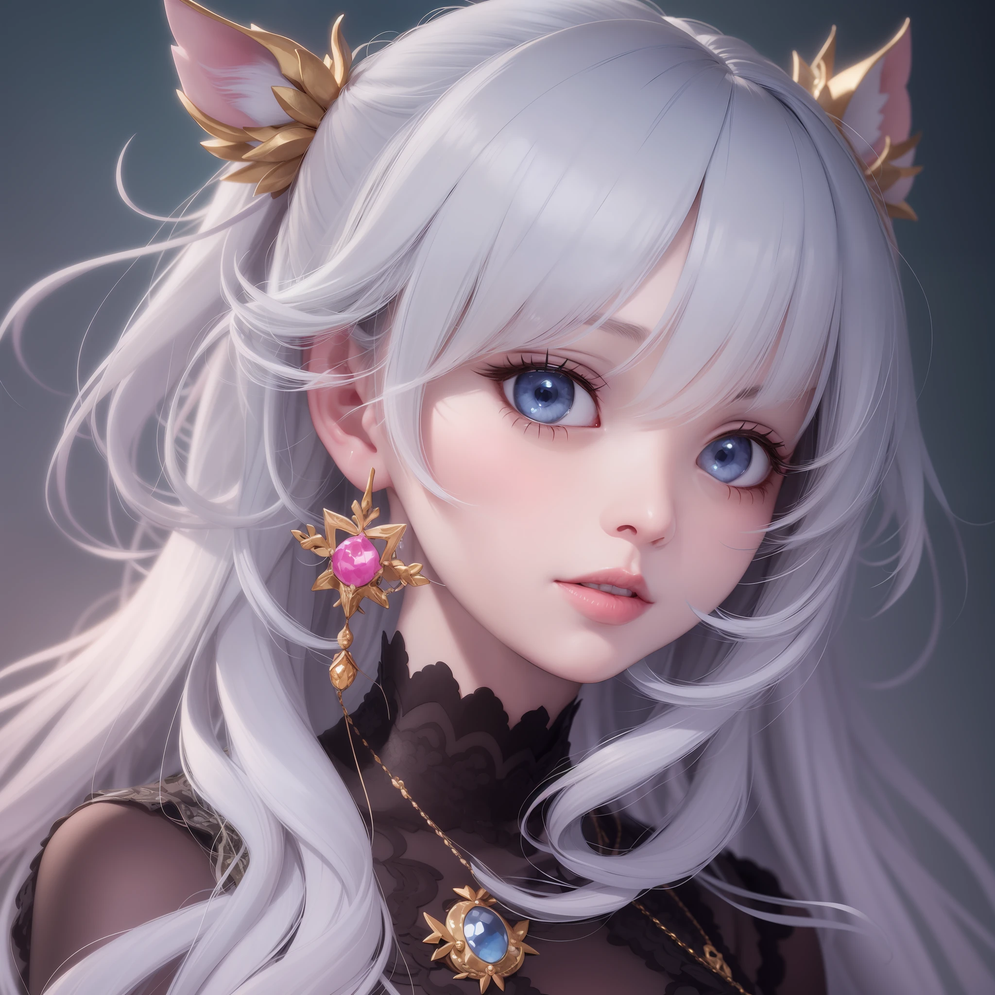 Close-up of a girl with white hair and pink streamer hair ornaments,Fairy dress,Glazed earrings,Light blue solid background,4 k'', Anime style. 8K, a beautiful anime portrait, Detailed digital anime art, detailed portrait of an anime girl, Guviz-style artwork, Stunning anime face portrait, anime styled digital art, Beautiful anime style, portrait anime girl, realistic anime artstyle