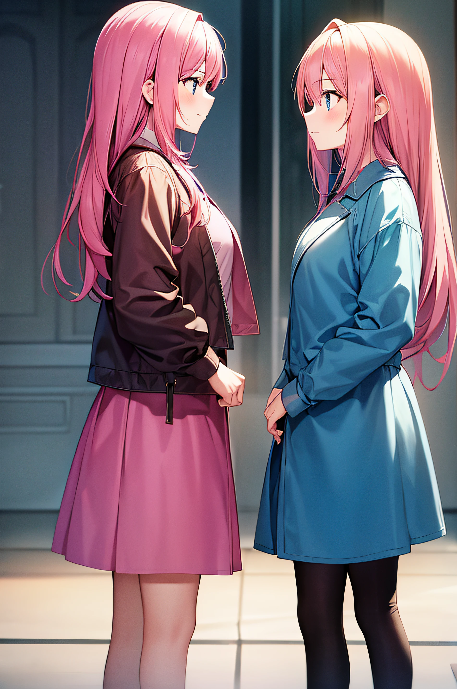 2girls,Pink hair,Staring at each other