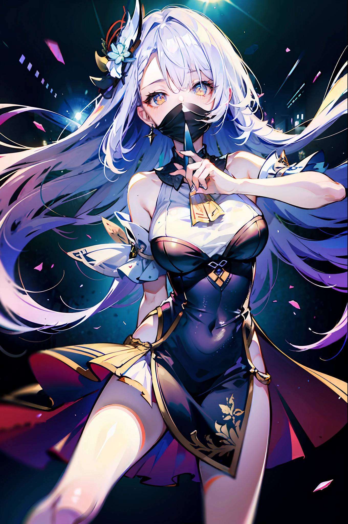 (best quality, detailed background, highres, absurdres, bloom, disheveled hair, shiny hair, exposed in lighting, bright pupils),
1girl, focus on leg, earpiece, long hair, silver hair, large_breasts, action_pose, standing,  arms behind back, stage, spotlight, glass ceiling, 
shenhe \(genshin impact\), hair_ornament, hair over one eye,  designer dress,  dutch_angle, upper body,