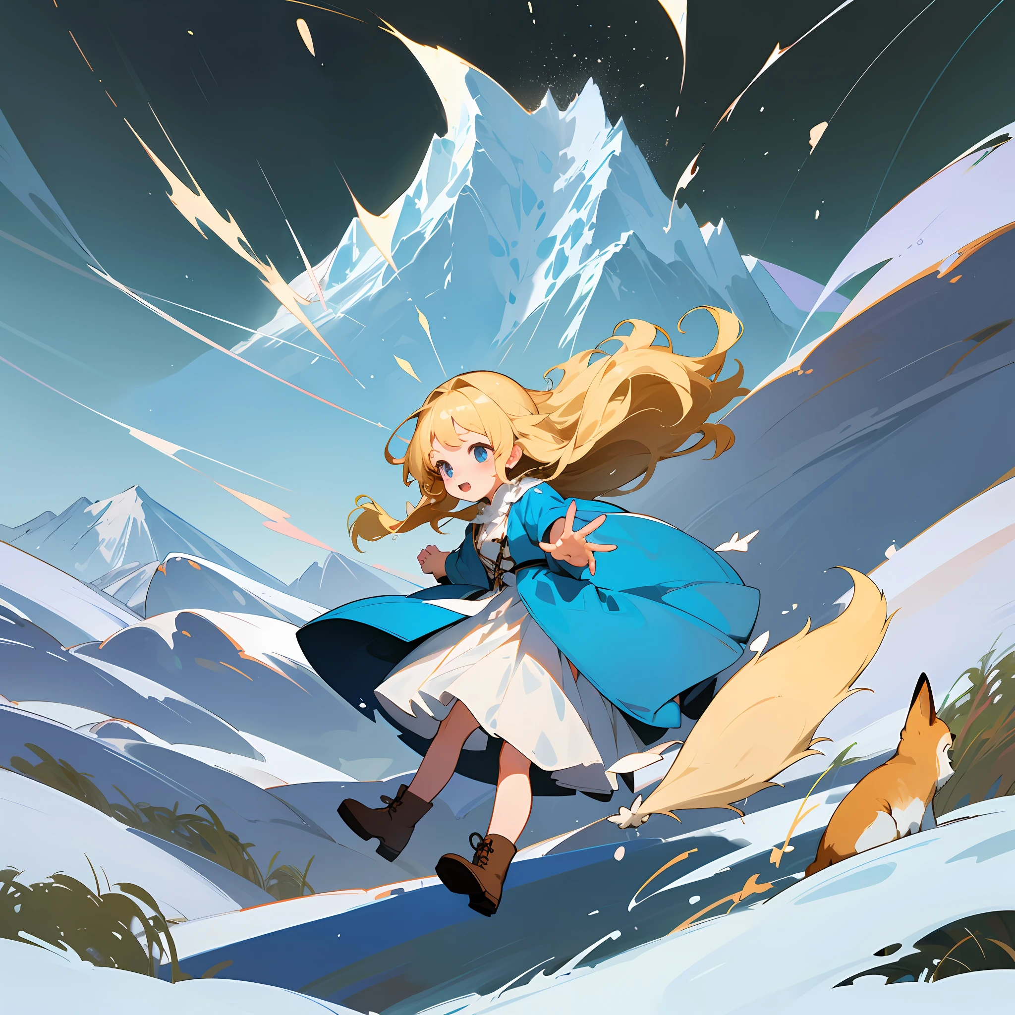 (super high image quality)+(The wind of youth)+(Dynamic and beautiful)A blonde curl, with fair skin,Play with a cute little fox at the foot of a snowy mountain,Dressed in a blue bohemian dress,Pedal brown Martin boots,The overall feeling is fresh and natural,Suitable for all kinds of posters computer wallpaper。 --auto