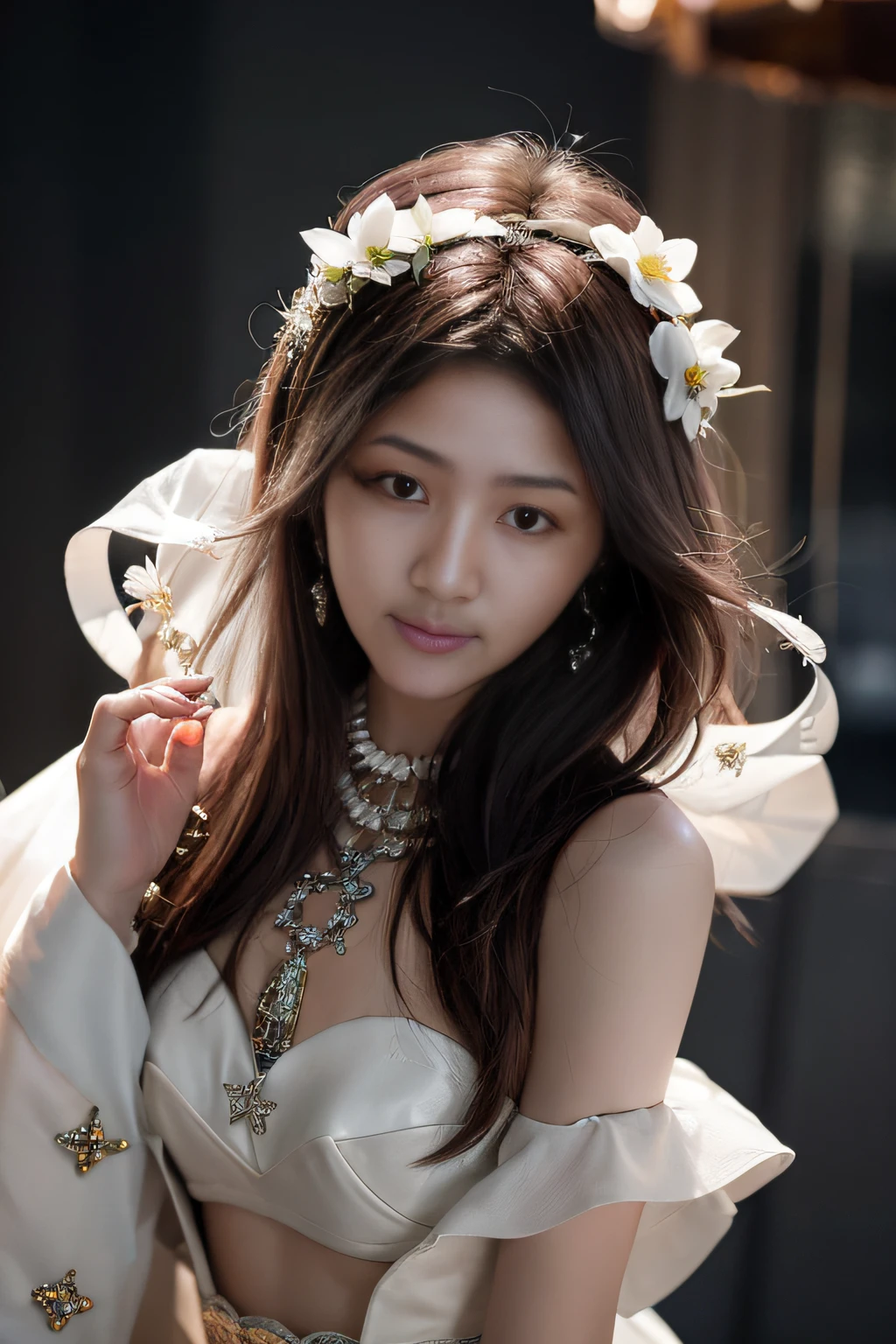 Alafi woman in white dress,A veil is worn over his hair,Flowers on the hair, portrait of female korean idol, tzuyu from twice, Choi Hyun-hwa, hwang se - on, Lee Ji-eun, lee ji eun, korean artist, jaeyeon nam, Beautiful young Korean woman, Gorgeous young Korean woman, young wan angel, Kwak Ji-young