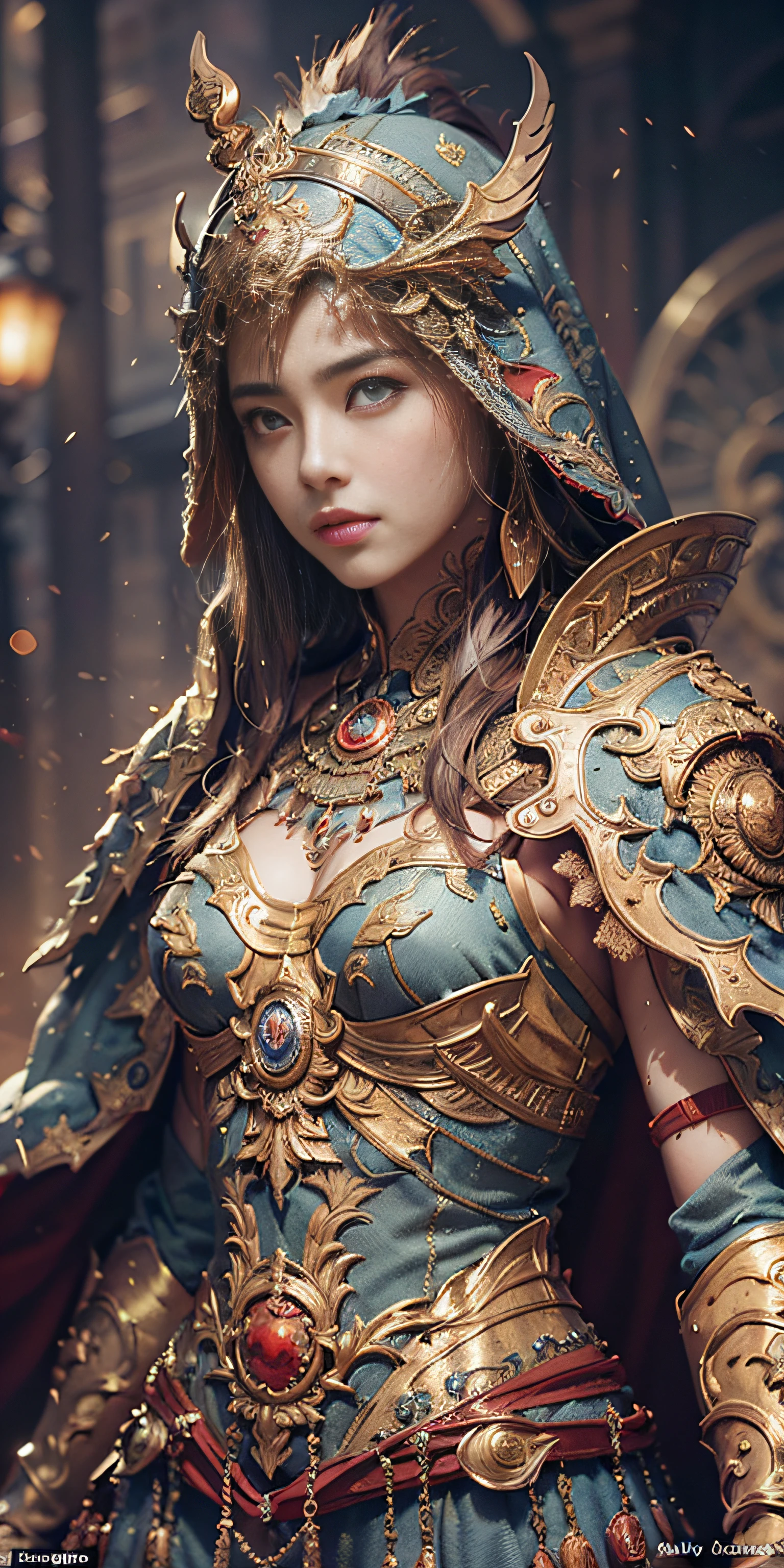 ((Masterpiece))), ((Best Quality))), ((Ultra Detailed)), (Surreal), (Highly Detailed CG Illustration), Cinematic Light, Realistic, Very Beautiful Young Lady,Sexy, Light Makeup,, Intricate Details EABA, Red Cloak, Spear