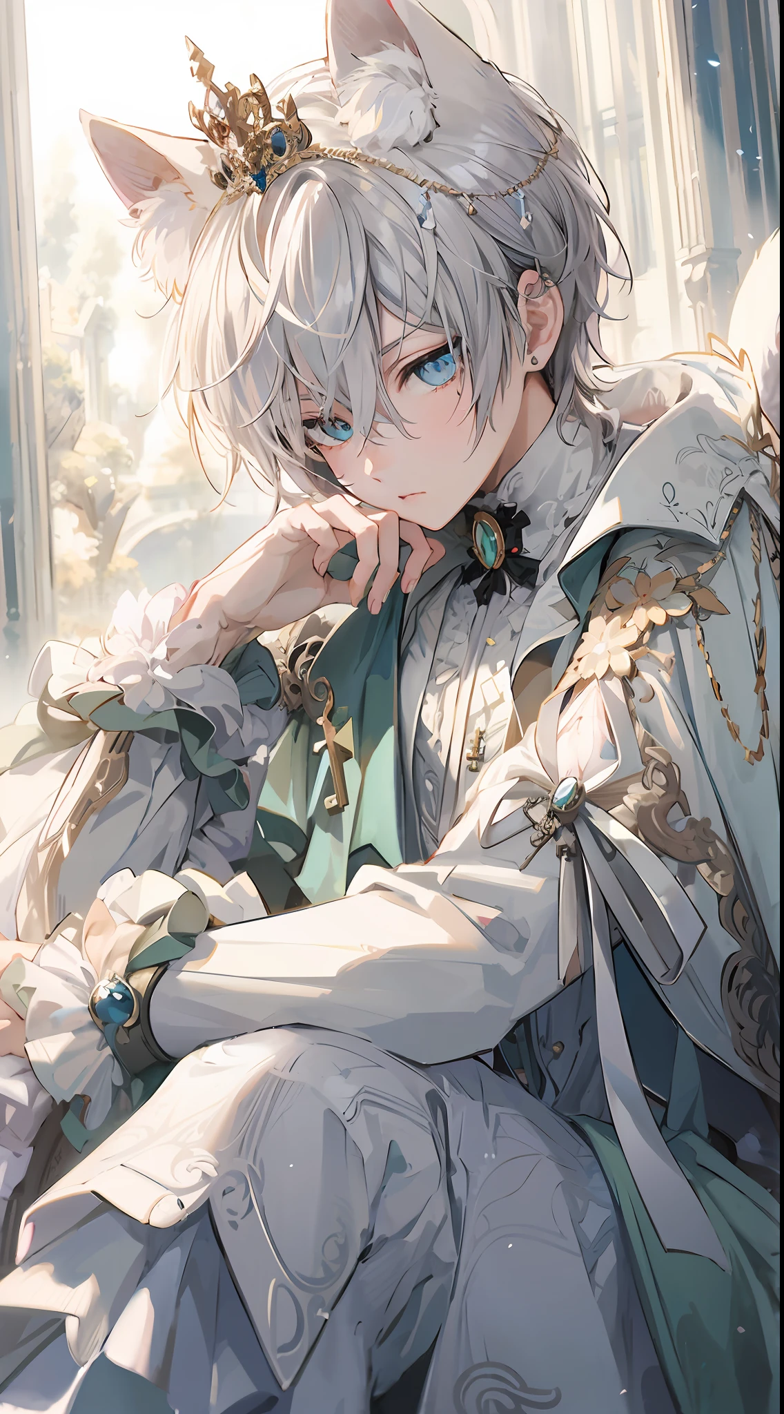 Anime character with white hair and blue eyes sitting on a chair, Cat's ears、diadems、Delicate prince, Beautiful prince, ((wearing aristocrat robe)), Detailed key anime art, royal elegant pose, Trending on ArtStation pixiv, Key Anime Art, zerochan art, highly detailed exquisite fanart, guweiz on pixiv artstation, detailed fan art