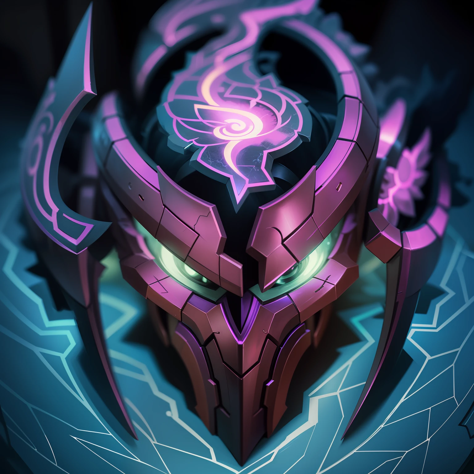 8K,Real materials,HD detail textures,Close up of purple and green flowers with purple lights, Thertrevkaiser, leblanc, nasus, Aurelion Sol, painted portrait of mordekaiser, style of league of legends, purple glowing core in armor, league of legends inventory item, stylistic blur, league of legends arcane, painted in the style arcane --auto
