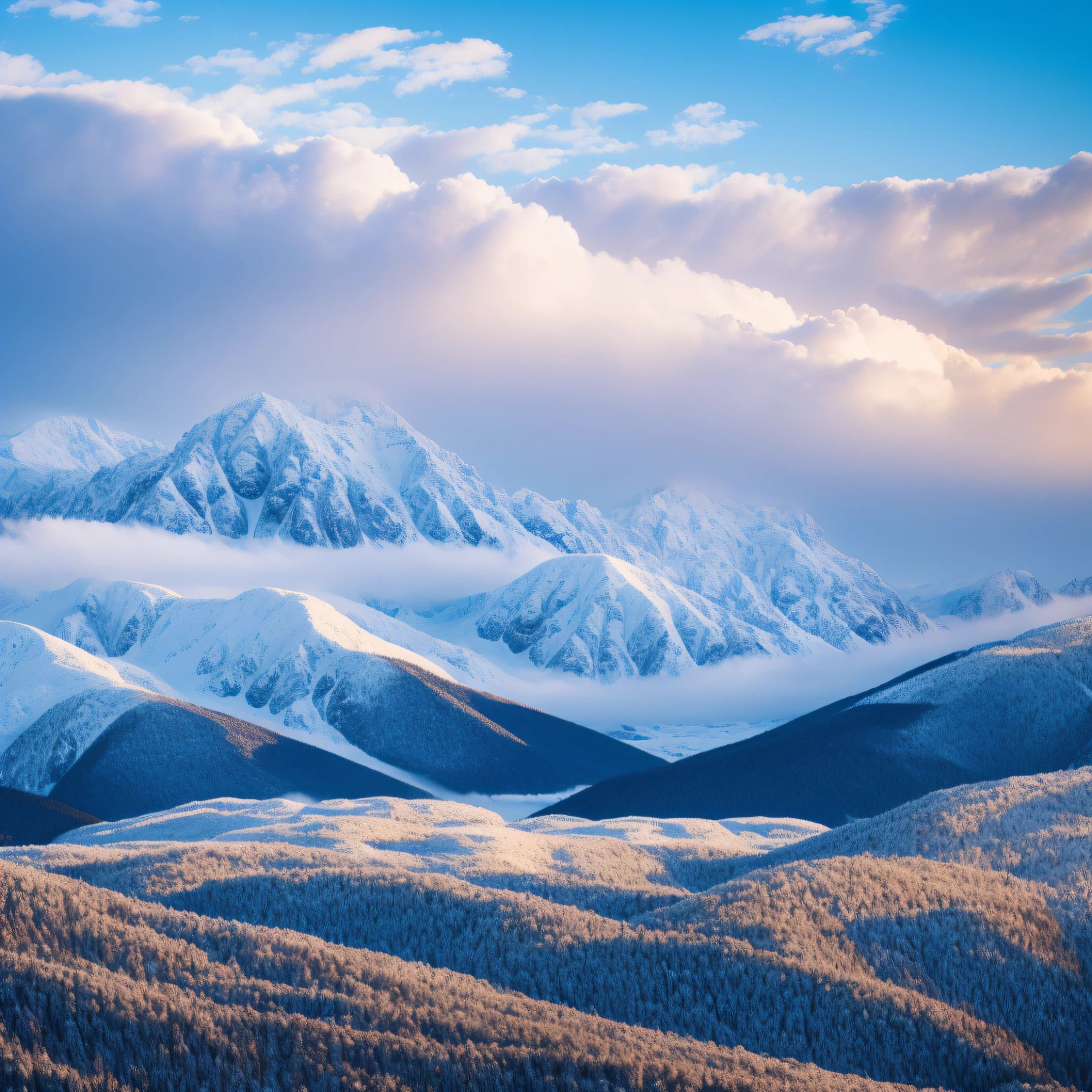 Snowy mountains, blizzards, light colors, clouds, high definition, realistic 4K real photos --auto