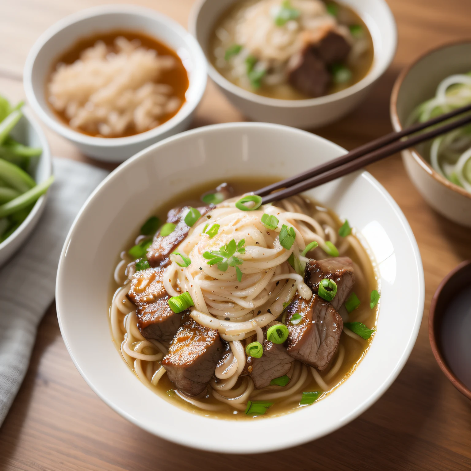 Ultra-fine 8K CG,Yunnan cross-bridge rice noodle braised flavor,chopsticks,beef,coriander,Green onions,Beautifully presented,Very appetizing,Front close-up,hyper HD