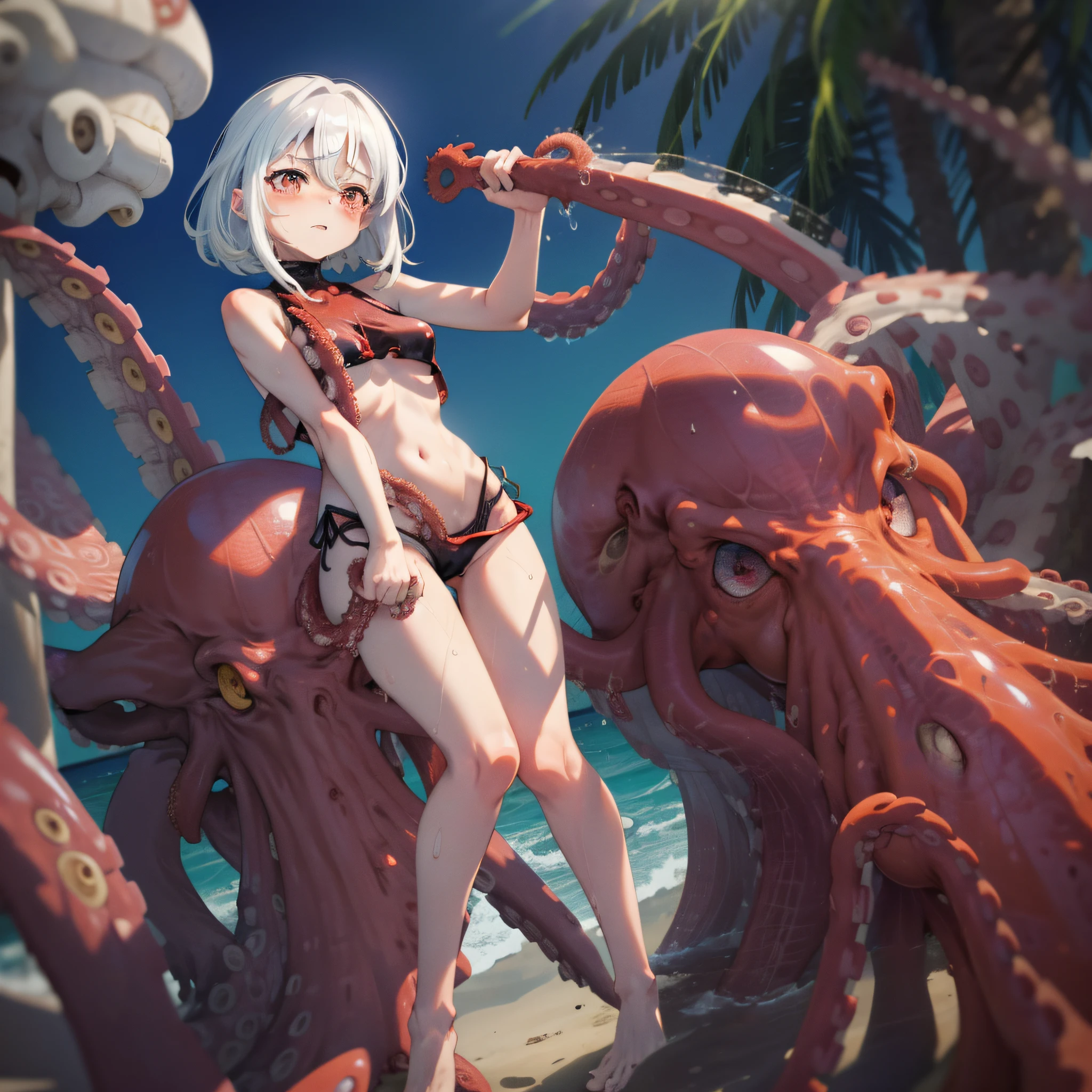 Woman on the beach、obscenity、Metamorphosis、small head、white  hair、Big red eyes、red blush、Desperate look、,Tears、Torn swimsuit、Tentacles are touching the crotch、Tentacles grab the buttocks、１Giant Octopus