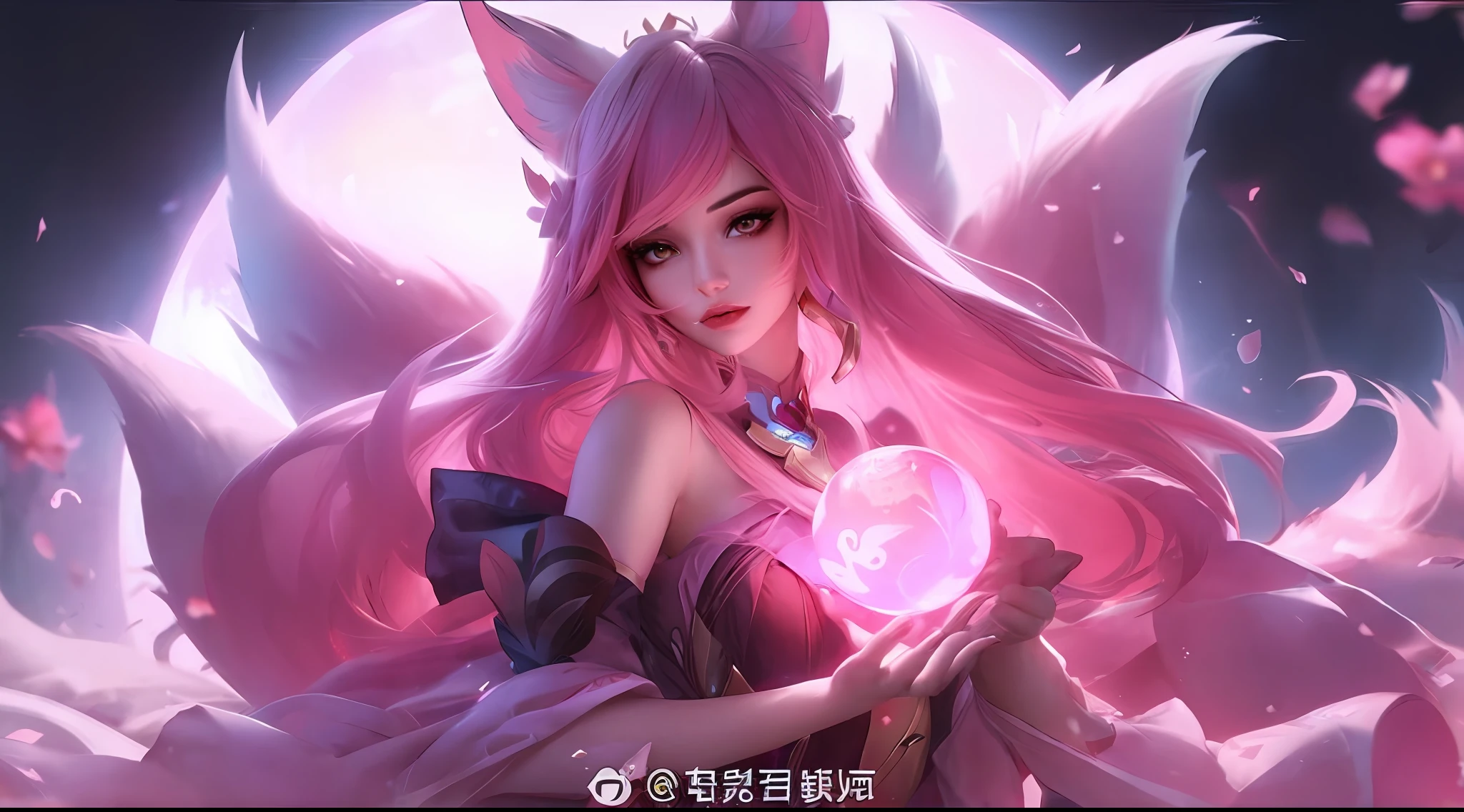 a girl with long pink hair holding a ball in her hands, Ahri, Retrato de Ahri, Ahri, de League of Legends, Serafim Ahri KDA, Ruan Jia e Artgerm, trending artgerm, Artgerm extremamente detalhado, Artgerm e Ruan Jia, ! arte dos sonhos, Artgerm Plano