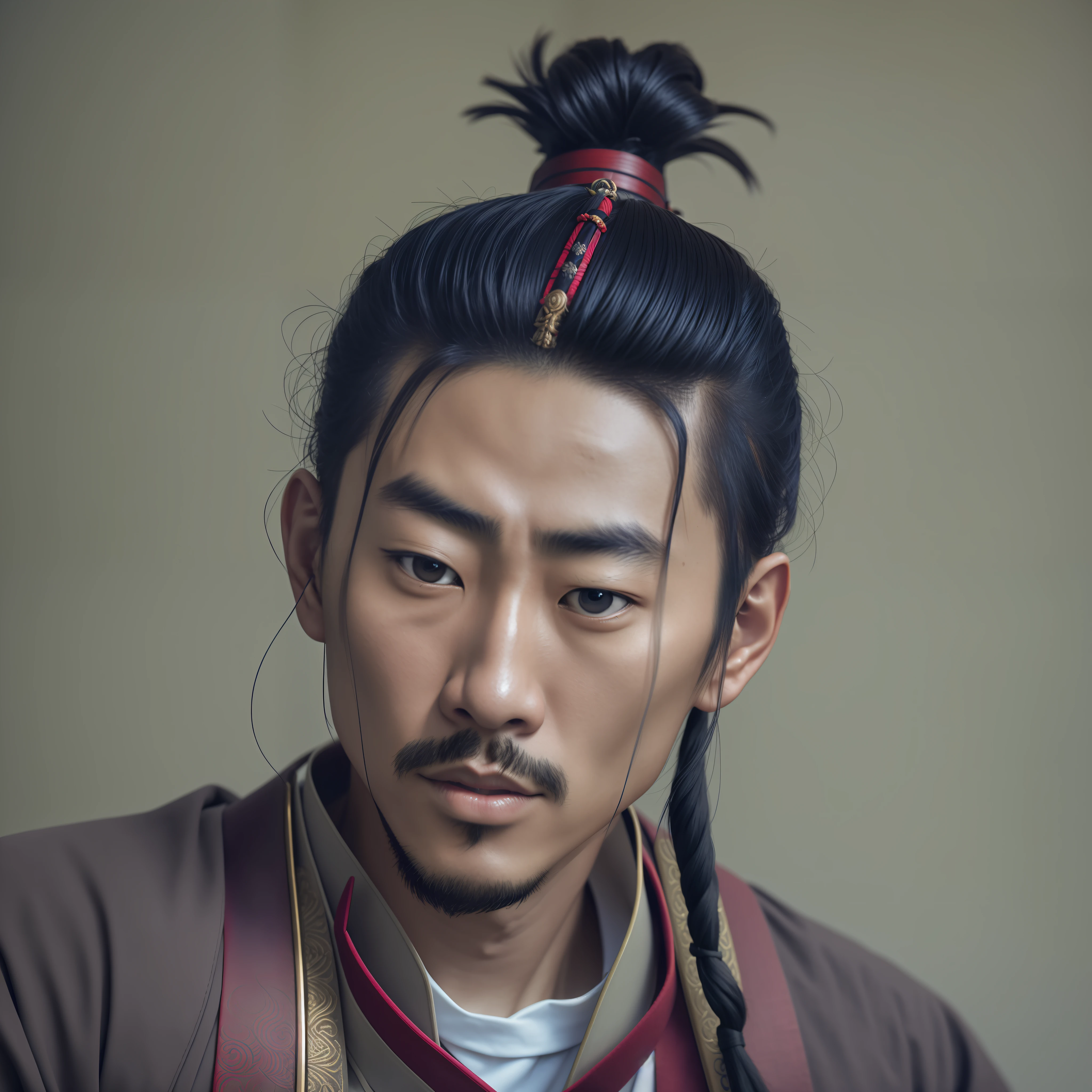 asian man，hair-bun, front portrait, dramatic portraiture of uuen, portrait shot 8 k, samurai portrait, 50mm portrait, portrait of a samurai warrior, Shot on a Canon EOS R5, shot on canon eos r 5，中景 the scene is，sitted，anchor