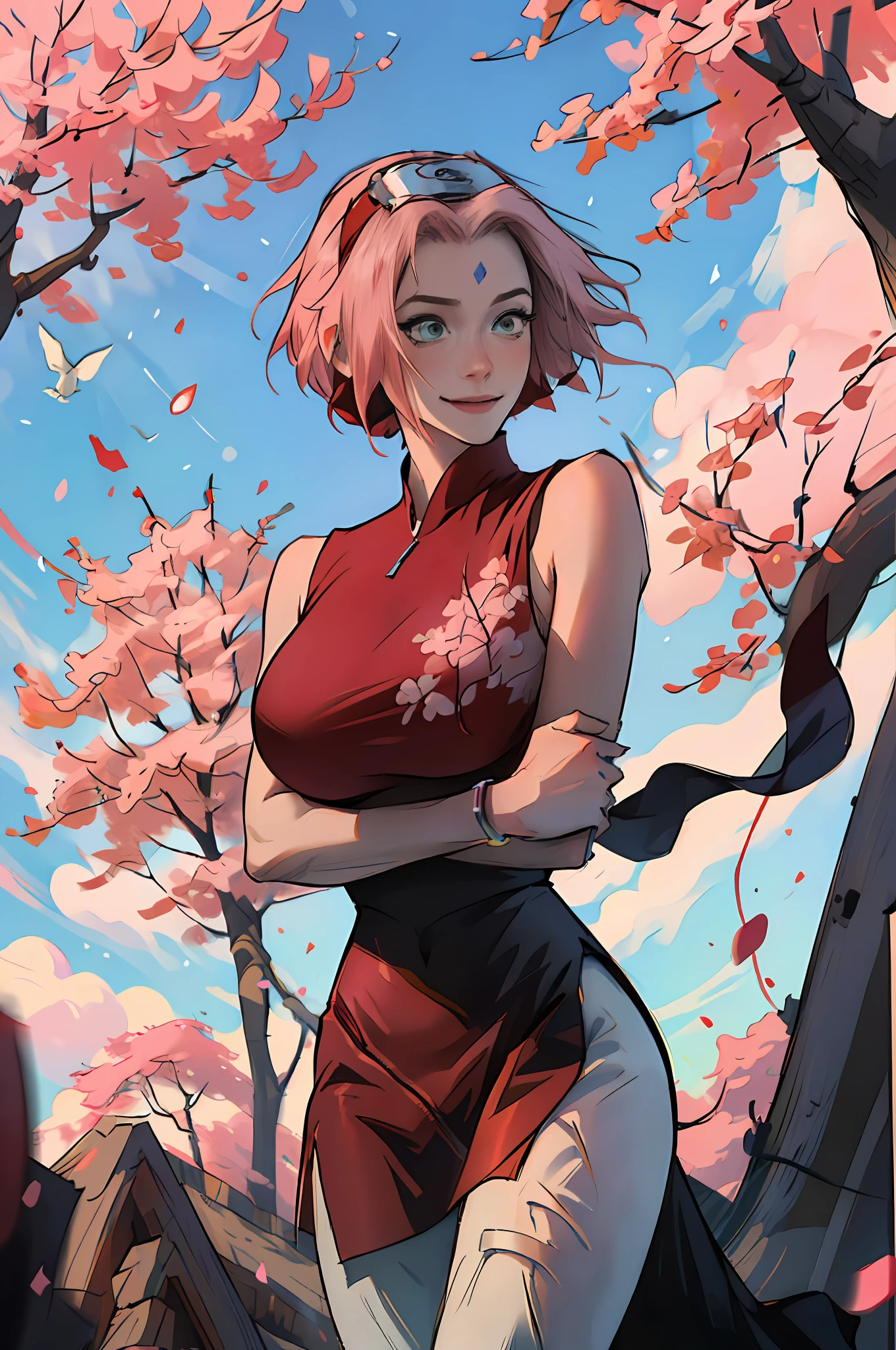 masterpiece, absurdres ,1girl, haruno sakura,huge boobs, tone waist, Nicki manji fanart,forehead mark, red hairband, red sleeveless dress, white pants,navel,   groin,   bracelet, looking at viewer, crossed arms, smile, cherry blossoms, wind, floating hair, --auto