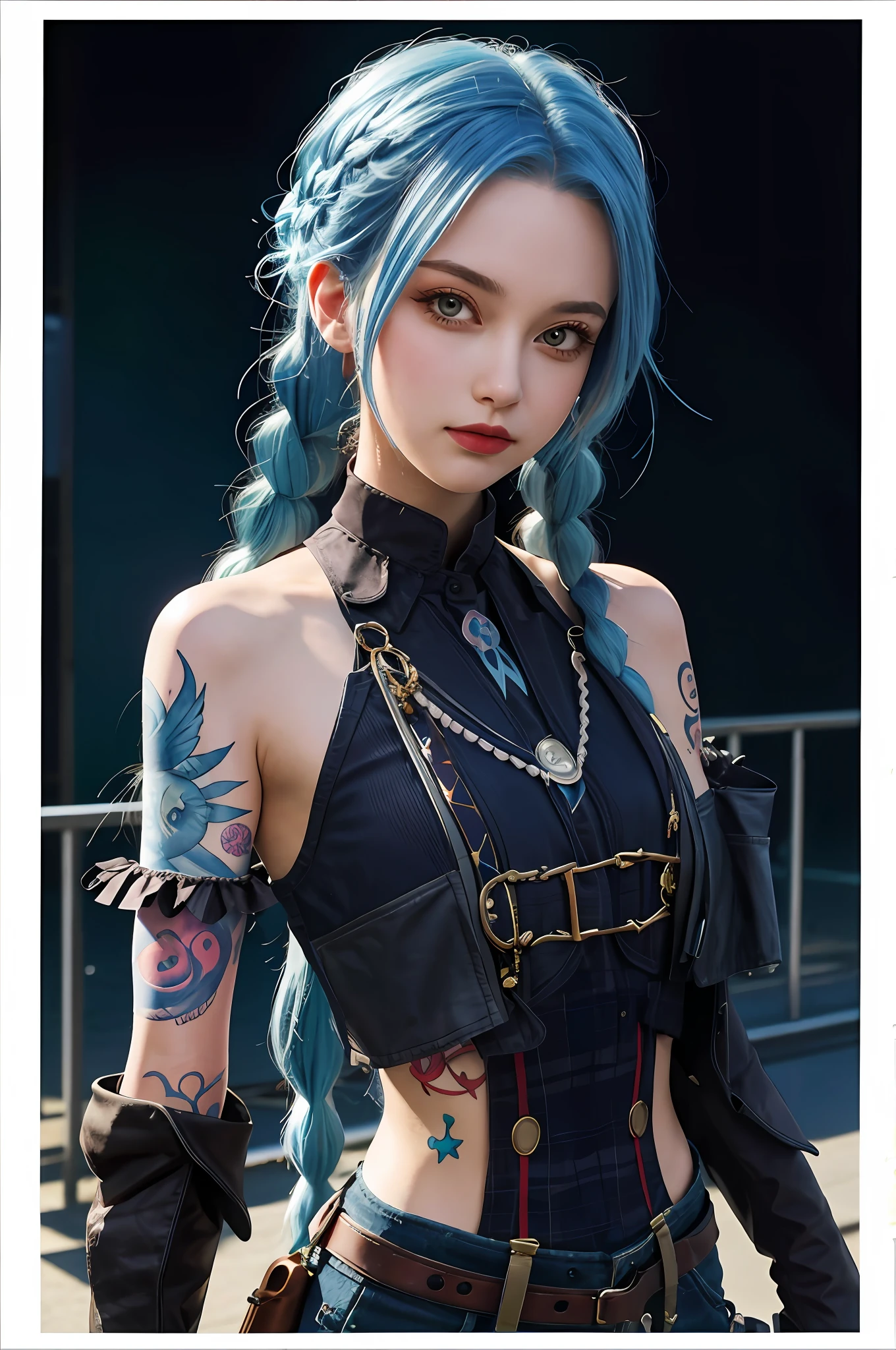 semi-realistic, 2.5D, detailed, flat colors only, illustration, line-art, watercolor:0.8, best quality,
detailed background,
close-up head and shoulders of 18yo 1girl, Jinx cosplay, outdoors,
light-blue hair, twin braids, tattoos, event pass,
in convention center at cosplay event,
side-lighting, dramatic lighting, deep shadows,