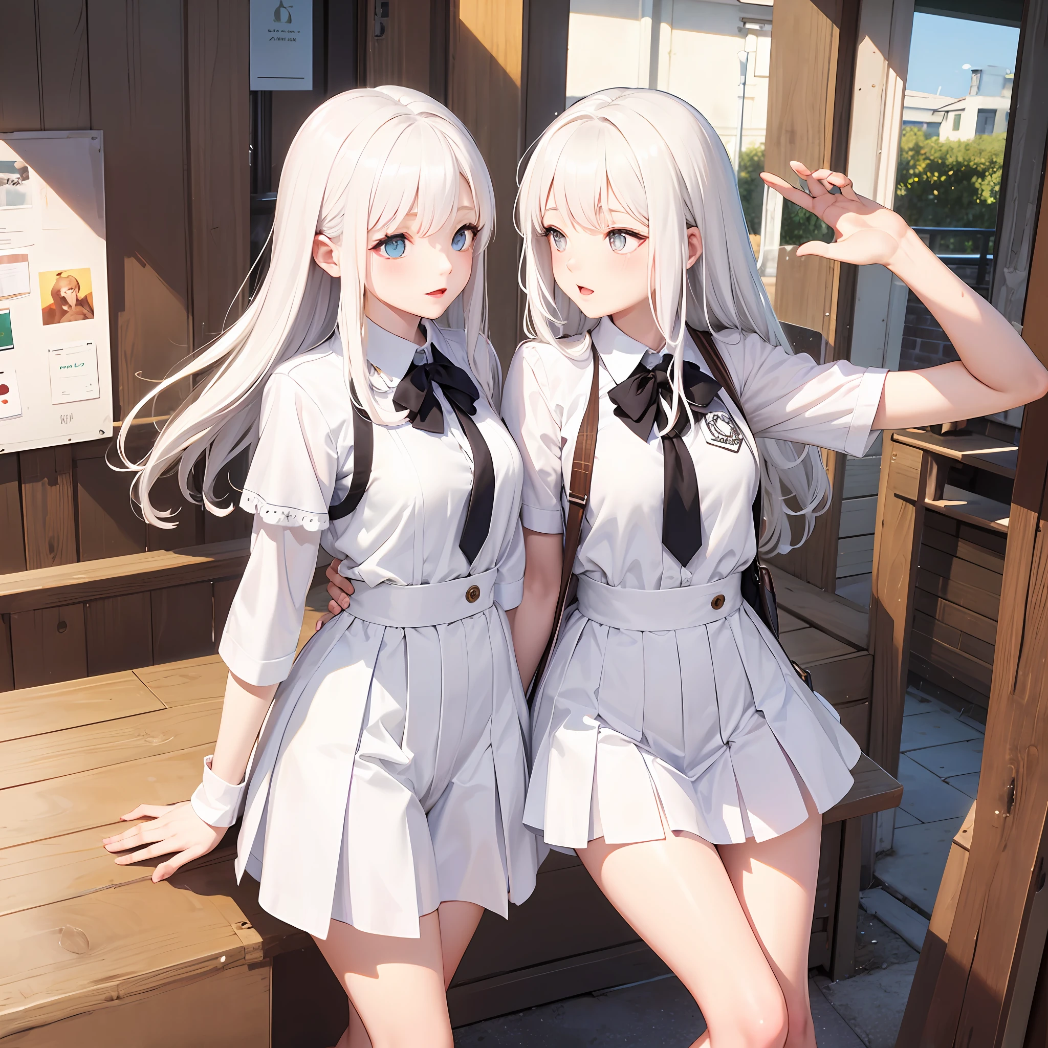 white skinned,White hair,Heteropupil,schoolgirls,White clothes --auto