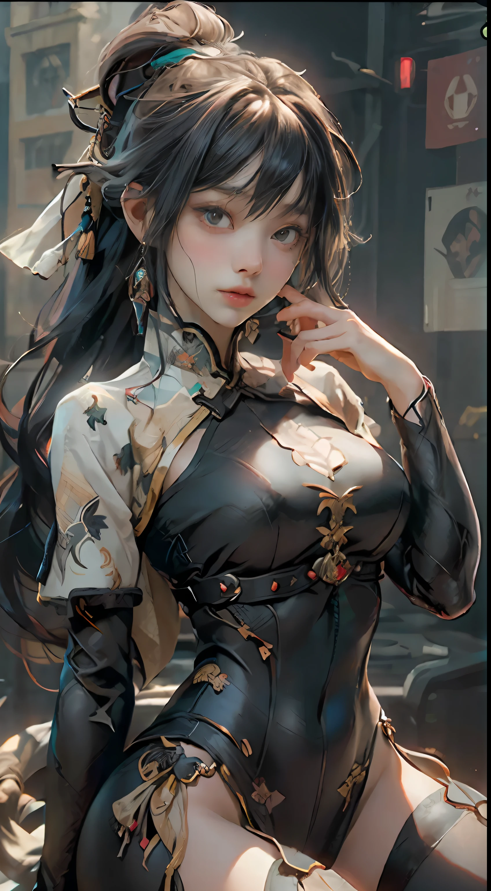 ((best qualtiy)), ((tmasterpiece)), (the detail:1.4), 3D girl, A beautiful cyberpunk female image,hdr(HighDynamicRange),ancient Chinese costume,Satin costumes,Ray traching,NVIDIA RTX,Hyper-Resolution,Unreal 5,Subsurface scattering、PBR Texture、post-proces、Anisotropy Filtering、depth of fields、maximum definition and sharpness、Many-Layer Textures、Albedo e mapas Speculares、Surface coloring、Accurate simulation of light-material interactions、perfectly proportions、rendering by octane、Two-colored light、largeaperture、Low ISO、White balance、the rule of thirds、8K raw data、Face front,Place your hands crossed over your abdomen,((The upper part of the body)),black lence stockings