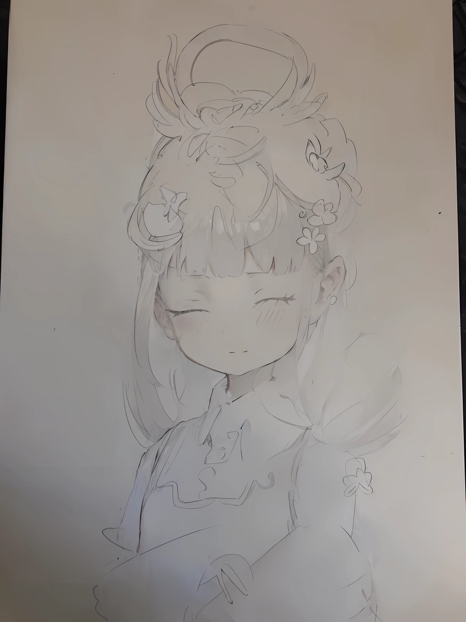 Draw a girl with a bird on her head, no shade, small curvaceous loli, detailed but rough, an anime drawing, flat anime style shading, inspired by Takehisa Yumeji, inspired by Rumiko Takahashi, anime sketch, Rough sketch, anime style drawing, Anime Paintings, Outline sketch, inspired by Awataguchi Takamitsu，((best qualtiy)),((tmasterpiece)),((the detail:1.4))，chromatically