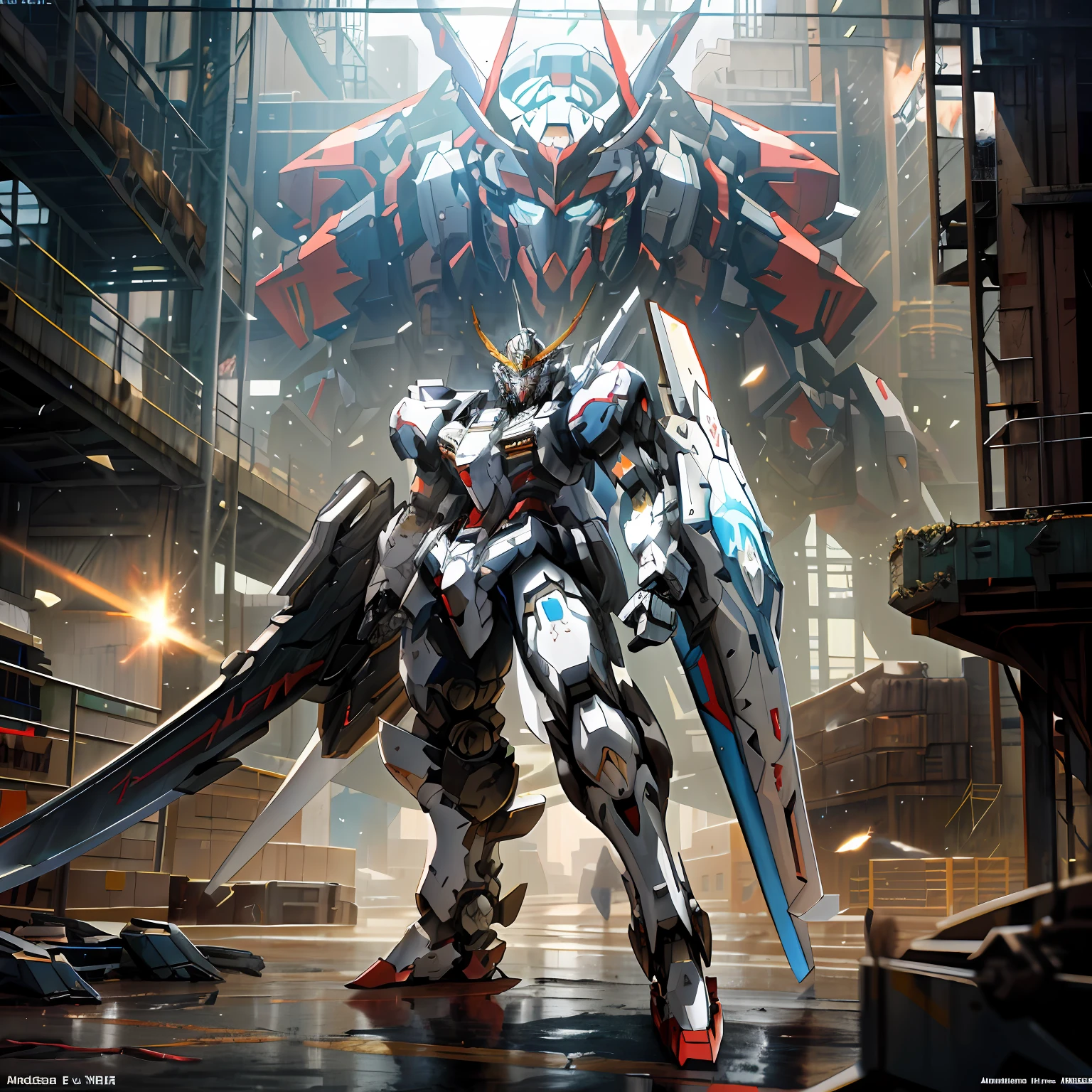 Arafeld robot standing in warehouse with a giant sword, modern mecha anime, krenz cushart and wenjun lin, mecha anime, cool mecha style, mecha art, anime concept hdr anime macmanus, alexandre ferra white mecha, krenz cushart and artem demura, greg rutkowski and krenz cushart