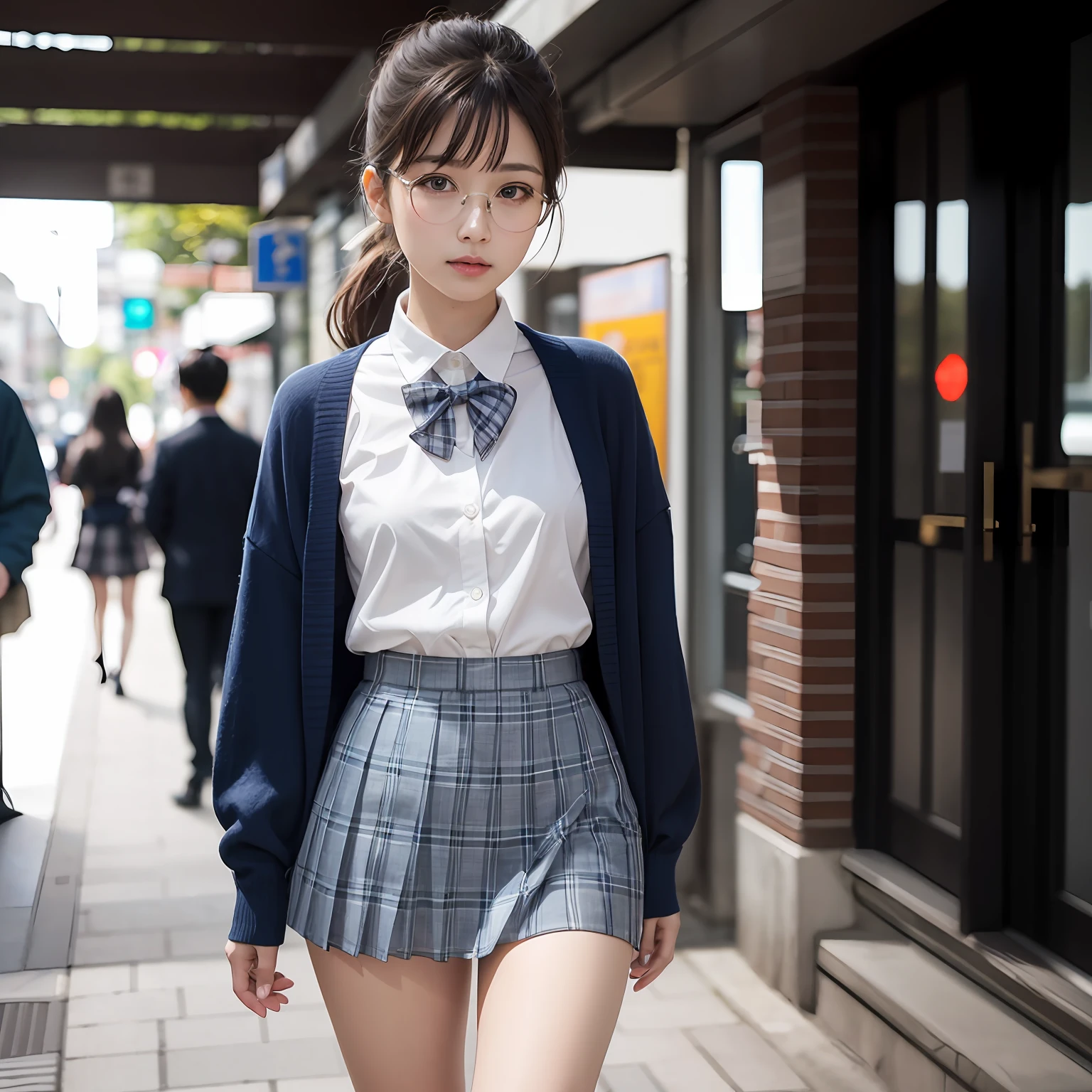 (8K、Raw photography、top-quality、masterpiece:1.2),full body Esbian,masterpiece,top-quality、超A high resolution,Raw photo,ren,Beautiful fece,One Person, 独奏,eye glass,,Dark look,Small breasts,fullllbody,Round glasses、cute little、A Japanese Lady,is standing,(Tight eyes,Bullish,skinny,Rasping,irate,small tits,flat breast)、(Photorealsitic:1.37)、Photon mapping,Light blue ribbon,Realistic、Cute little face,Brown-eyed、Black socks、Red bow tie、Radio City、Physically Based Rendering、Foreground、depth of fields、Blurry background、a picture,The girls、Body, Long legs, Thin leg, Single knot ponytail,(Bangs are visible), hair, s lips, Blue_The eye, nosesoft, Light blue shirt, Navy blue and blue and white plaid pleated skirt, Sheer clothing,, Thigh, Black cotton socks,Nogizaka Idol, 女優, Japanese ido