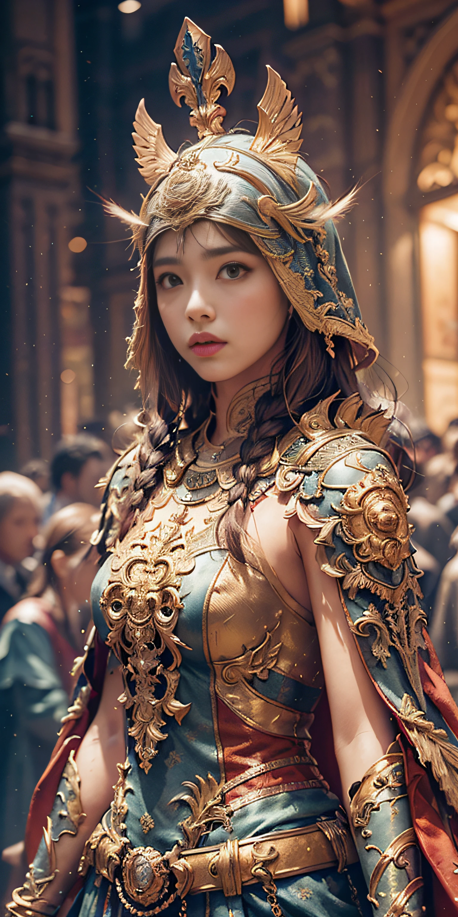 ((Masterpiece))), ((Best Quality))), ((Ultra Detailed)), (Surreal), (Highly Detailed CG Illustration), Cinematic Light, Realistic, Very Beautiful Young Lady,Sexy, Light Makeup,, Intricate Details EABA, Red Cloak, Spear