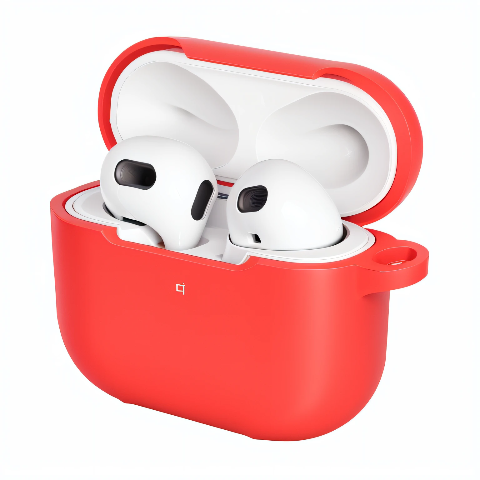 There is a red casing,Inside are two white AirPods。, AirPods, technologies, tanks, coral red, red realistic 3 d render, Aqua, Technology, ƒ / 3. 5, ƒ/3.5, Supergianthugebreasts, retro style ”, red colour, bottom angles, Bling AirPods, F4”, maxar, dualtone, poser --auto