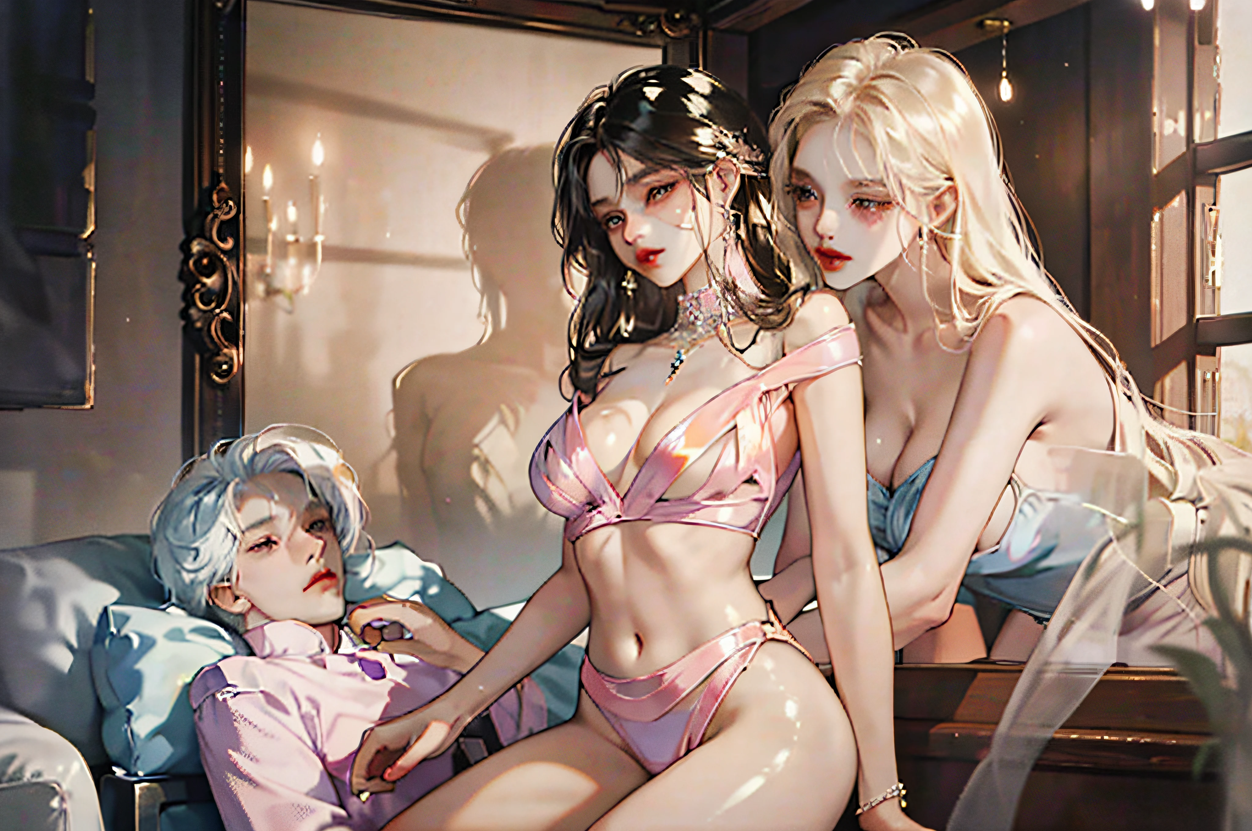 Naked seductive woman with big breasts，2girls，Dissection is correct，One girl stands on top of another，hips bare，Luxury jewelry，Delicate leg rings，A shiny scene，