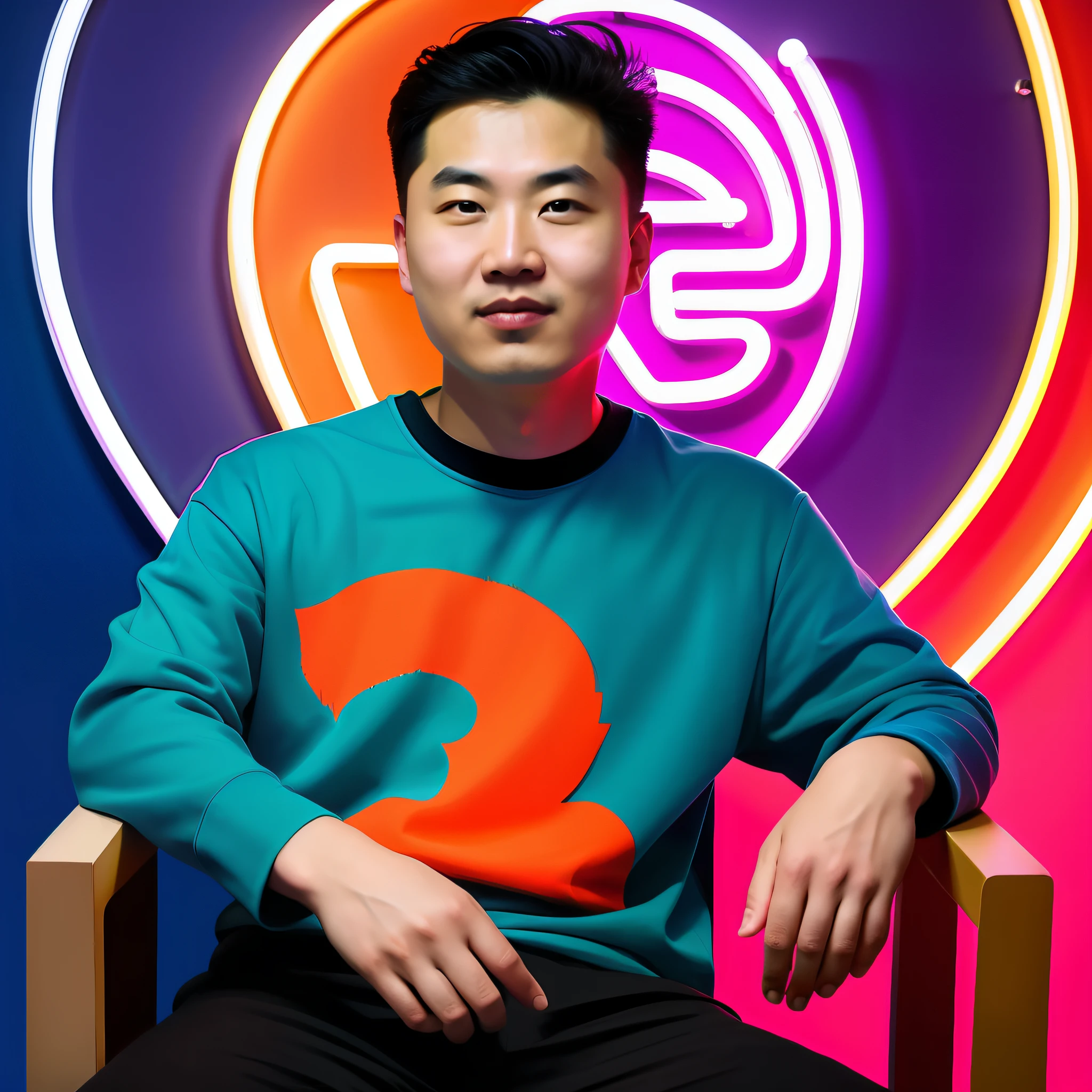 The Arafed man sat in a chair,There is a neon sign behind you, hyung tae, ryan jia, paul kwon, hong june hyung, Li Zixin, Zhongyuan Zheng Lei, mid shot portrait, steve zheng, evan lee, jaeyeon nam, simon lee, Shin Jung-ho, korean artist, Chen Zezhou, emmanuel shiu, steven jung