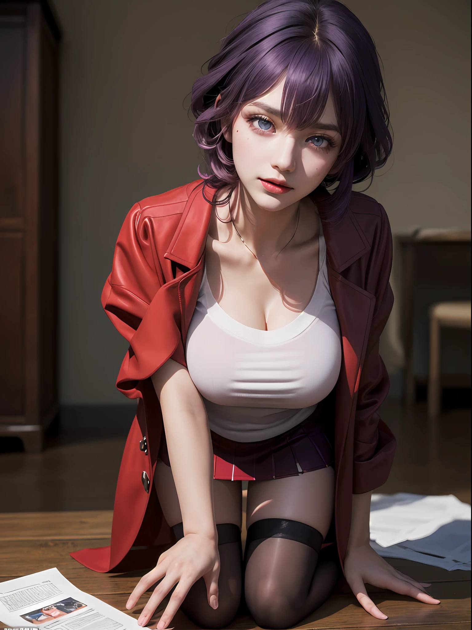 (Best quality: 1.1), (Realistic: 1.1), (Photography: 1.1), (highly details: 1.1), (1womanl), red coat,white Shirt,Short skirt,black lence stockings,bent down,Kafka,HKS,Purple eyes, Purple hair,large breasts,