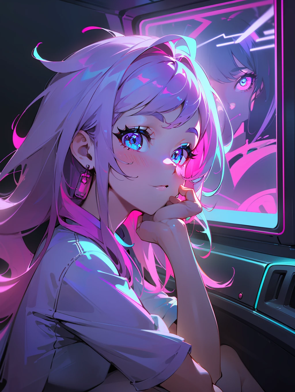 ((Full Neon)+Beautiful+Cute+(Full Body+Portrait)+(Detailed+Perfect)+(iPhone)), best quality, ultra-detailed, ultra-high resolution, cute sitting pose in a car viewing outside (cute), (1girl), (neon+pink+purple+blue:1.2), white background, beautiful face, Volumetric light, ( pose) (full body)