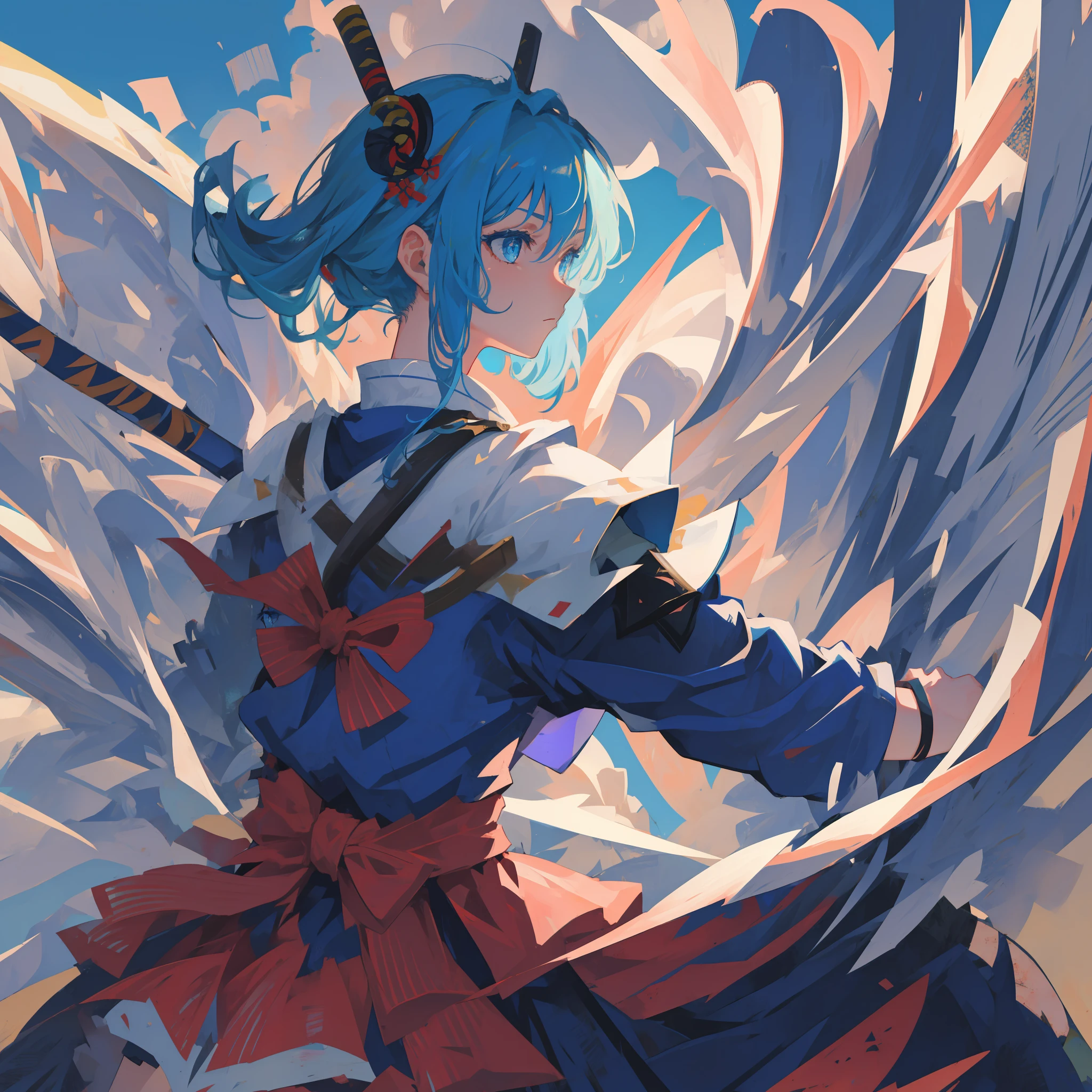 Girl, long sky blue hair, dark blue eyes, fierce expression, back to the camera, side face, katana, samurai armor
