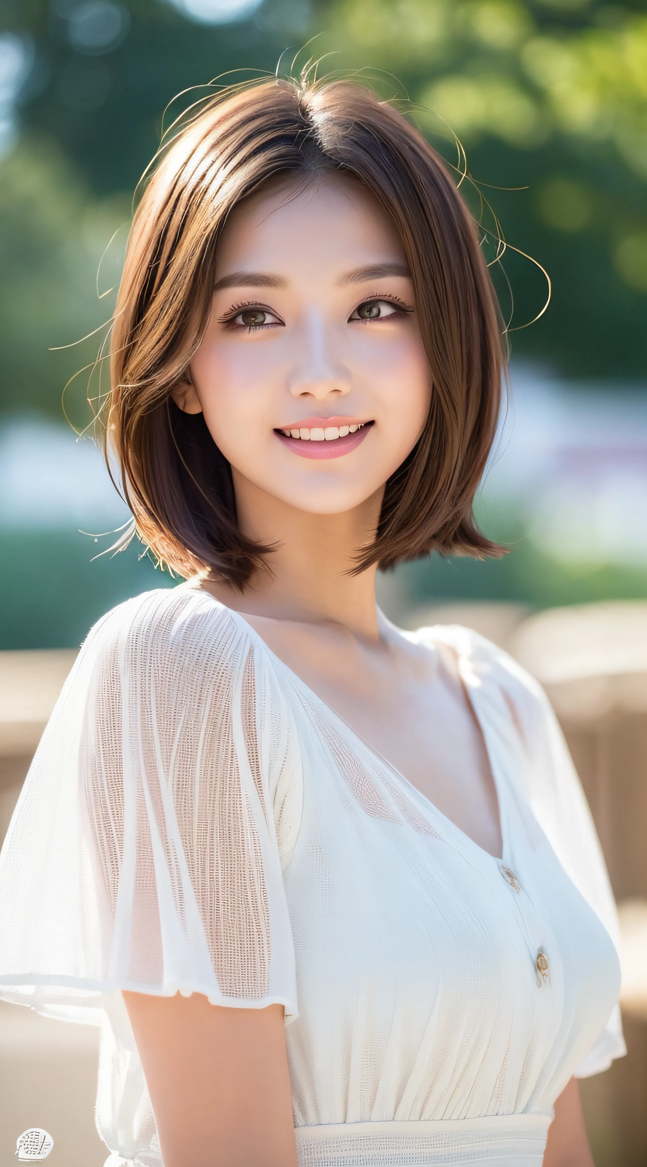 Please create a 1 girl illustration with the following elements delicately in detail Conditions:Don't put more than one person on one illustration。Draw one girl。 Complement: Idade:Beautiful girl in her 20s hairstyle: Short hair hair color: Brown eye color: Brown skin tone: White clothing: White dress expression:Smile Pose:The upper part of the body、Facing straight ahead graphics:8K、realisitic、top-quality、profetional lighting、超A high resolution、(Photorealsitic:1.4) number of people:1 person background:Will