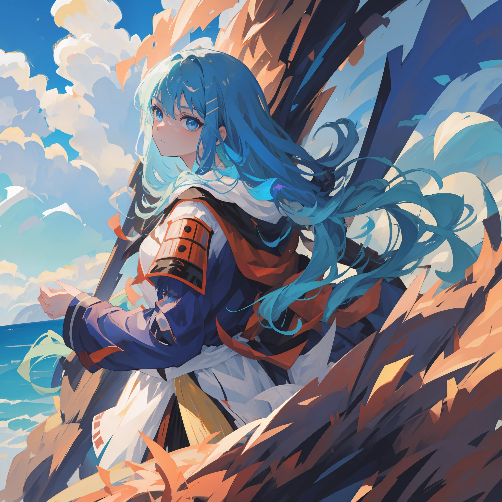 Girl, long sky blue hair, dark blue eyes, fierce expression, back to the camera, side face, katana, samurai armor
