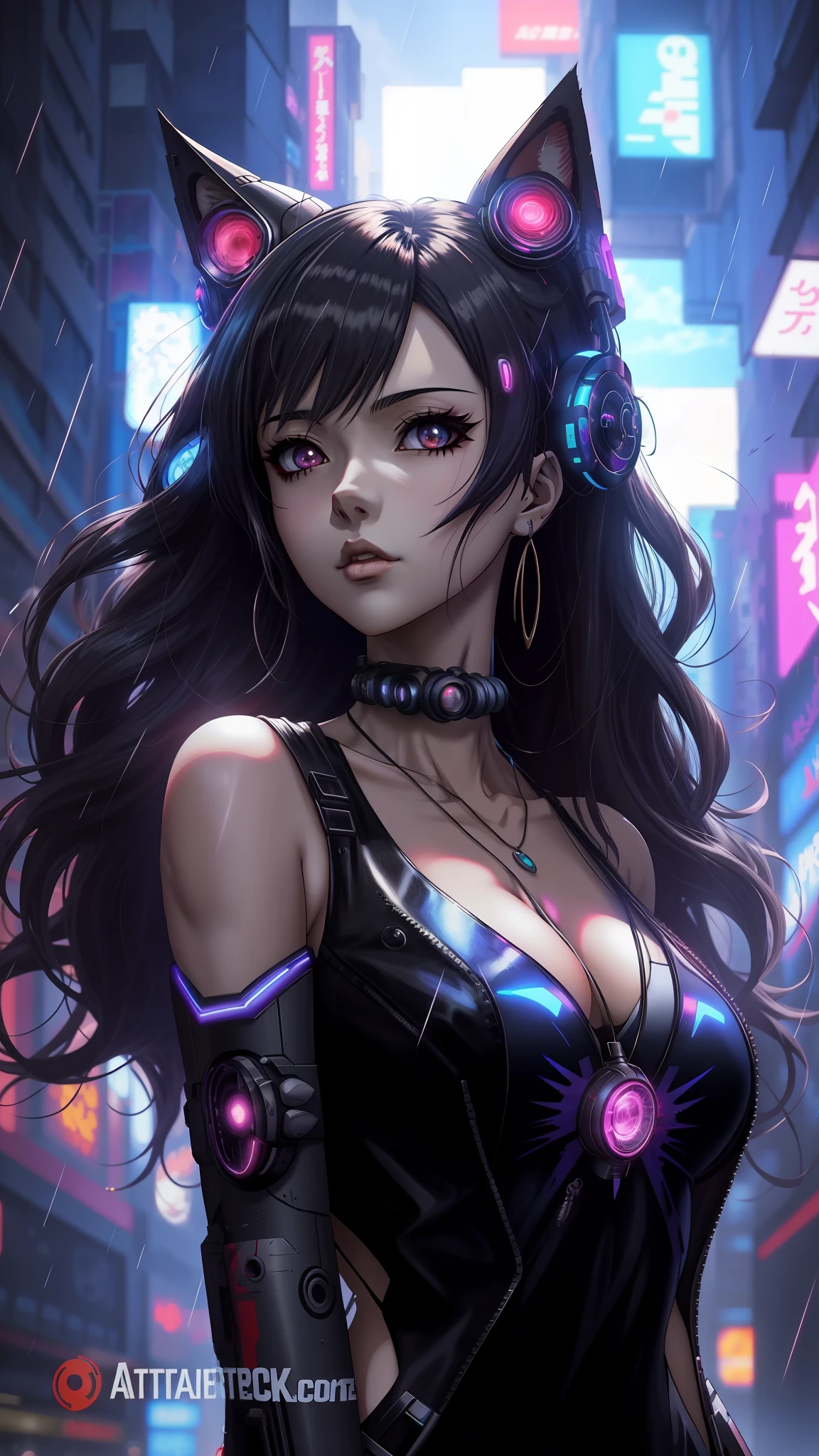 Menina anime com orelhas de gato e um corpo molhado na chuva, garota anime cyberpunk, menina de anime cyberpunk feminino, estilo anime. 8k, menina cyberpunk sonhadora, estilo anime 4K, arte cyberpunk anime, cyberpunk digital - arte de anime, menina anime sedutora, Jet Black Haired Cyberpunk Menina, arte digital do anime cyberpunk, mulher bonita sedutora do anime, arte de anime digital