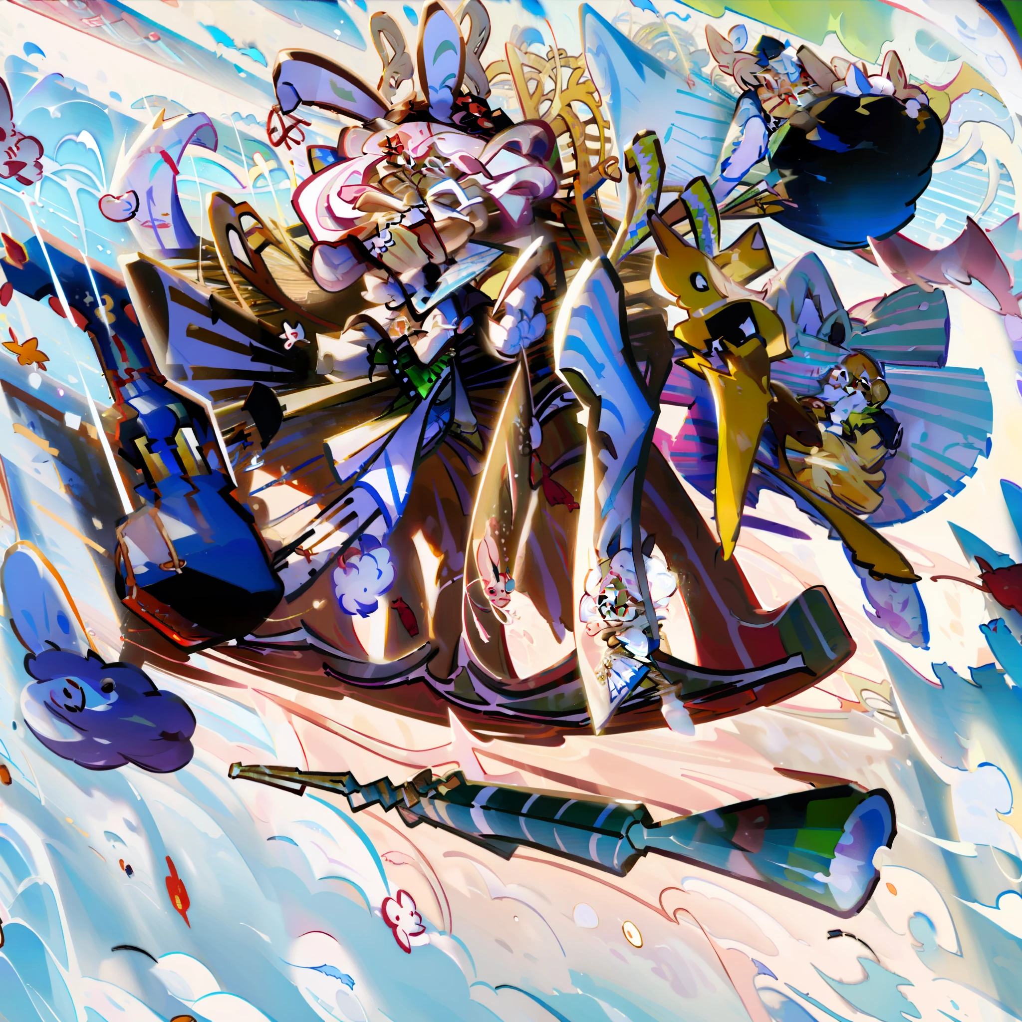 best quality, illustration, ((1 boy)), based on White Rabbit candy,Rabbit ears, white Cheongsam ,White pumpkin pants with red and Blue accents, messy, Medium length Cream colored Hair,pose((jumping  excitedly holding a Hammer about to attack. )), expression (Mouth open smile), simple nightime ,background, cookierun,(( solo)), chibi, full body