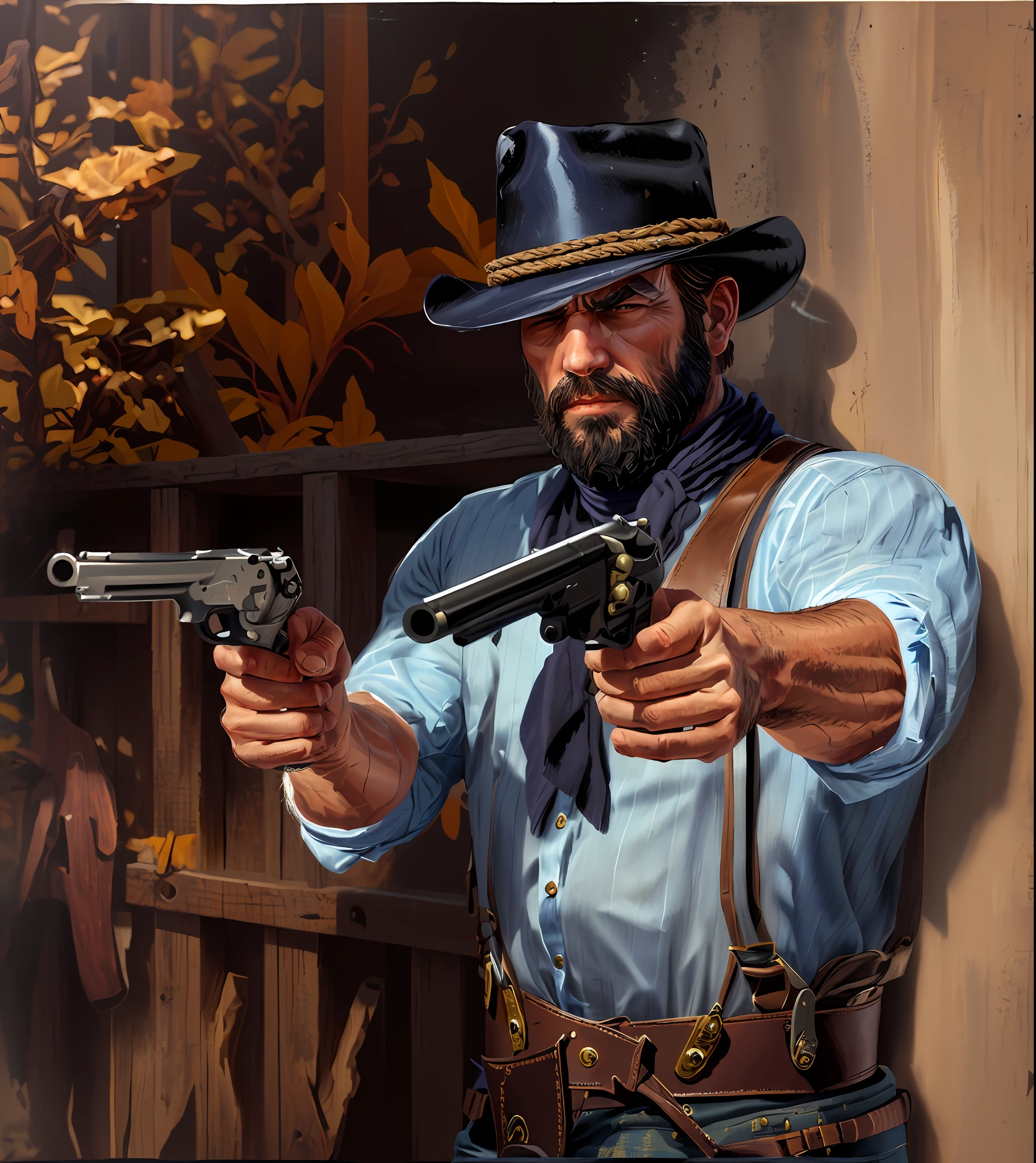 R3DD34Dstyle, digital portrait, 1 man, big beard, two silver revolvers, blue shirt,black scarf black, cowboy hat with a rope, black and white suspenders, dark brown pants, brown gun belt, red background