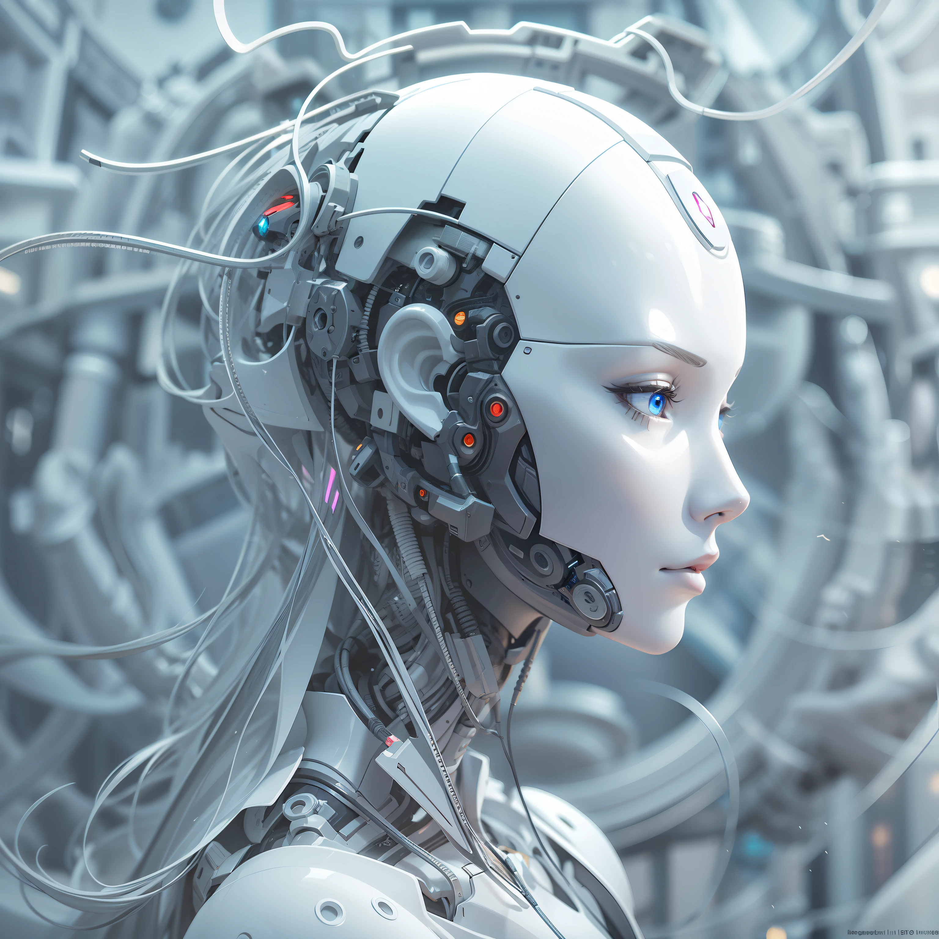 Complex 3d rendering of a beautiful porcelain silhouette woman hyper-detailed robot face, cyborg, robot parts, edge lights, cyberpunk, surrealism, anatomy, facial muscles, cable wires, microchips, elegant, beautiful background, intricate, ultra-detailed, rule of thirds, professional lighting, Unreal Engine, fantasy, concept art, sharp focus, illustration, 8k