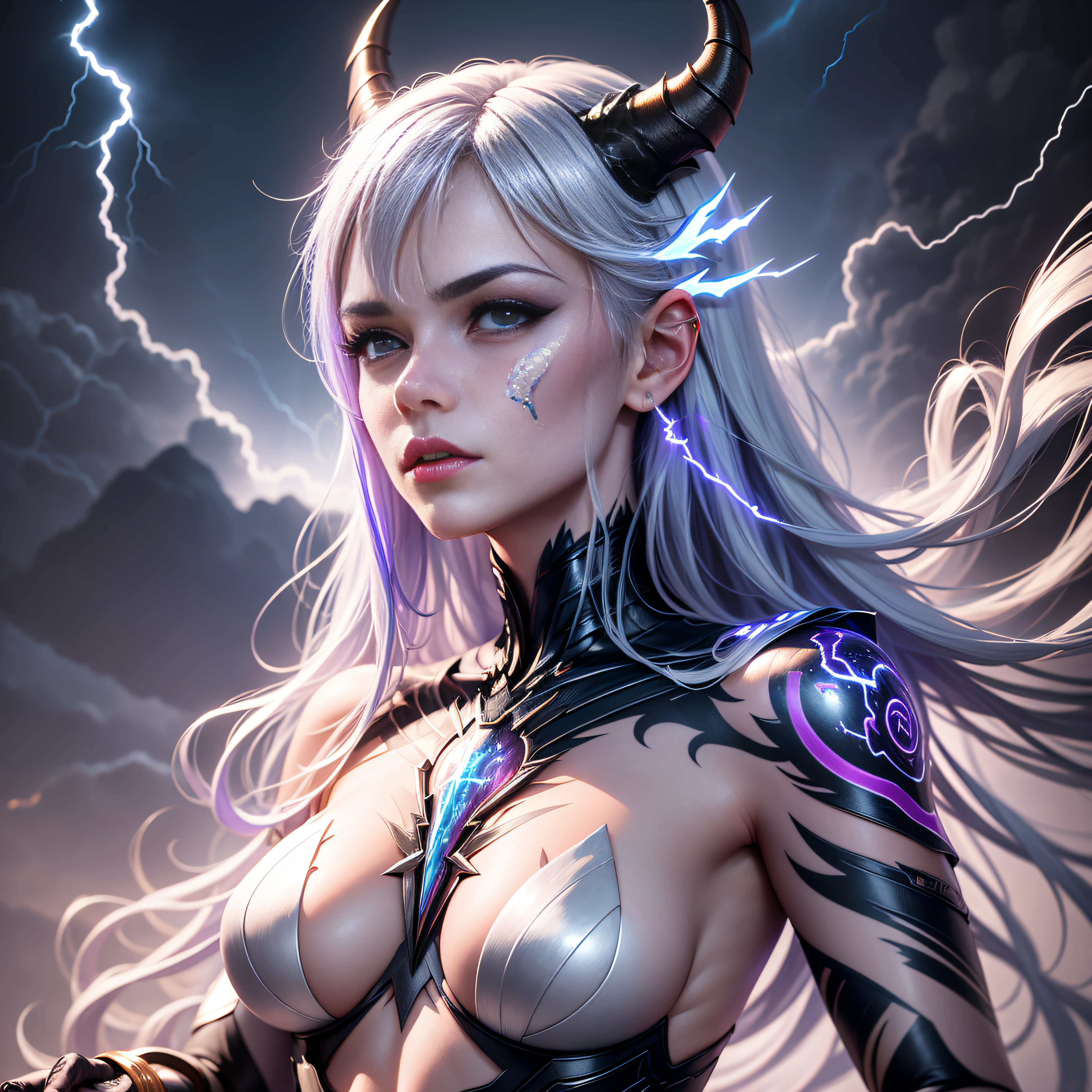 Raiden Zeus - Maiden, Silver emanation, Lightning and lightning surround the body, Lightning storm, Thunder and lightning glow eyes, The arm is tattooed with a lightning tattoo, Wearing a white gold-trimmed thunder aura armor, colored inner hair, dragon horns, disdain, Futurism, Romanticism, cinematic lighting, motion blur, Canon, 8k, best quality