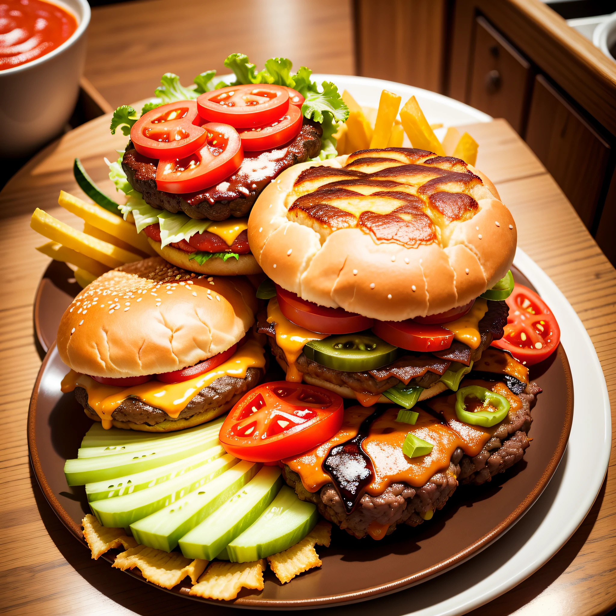 Beef burger
Multi-layered hamburger
Roasted beef patties
Vegetable toppings（Lettuce, for example、tomato、onion）
The cheese melts on the beef
Crispy french fries
Sour cucumber or pickles
Delicious sauce（For example, ketchup、Mustard）
Brightly colored ingredients
Attractive appearance，delicated，tmasterpiece --auto