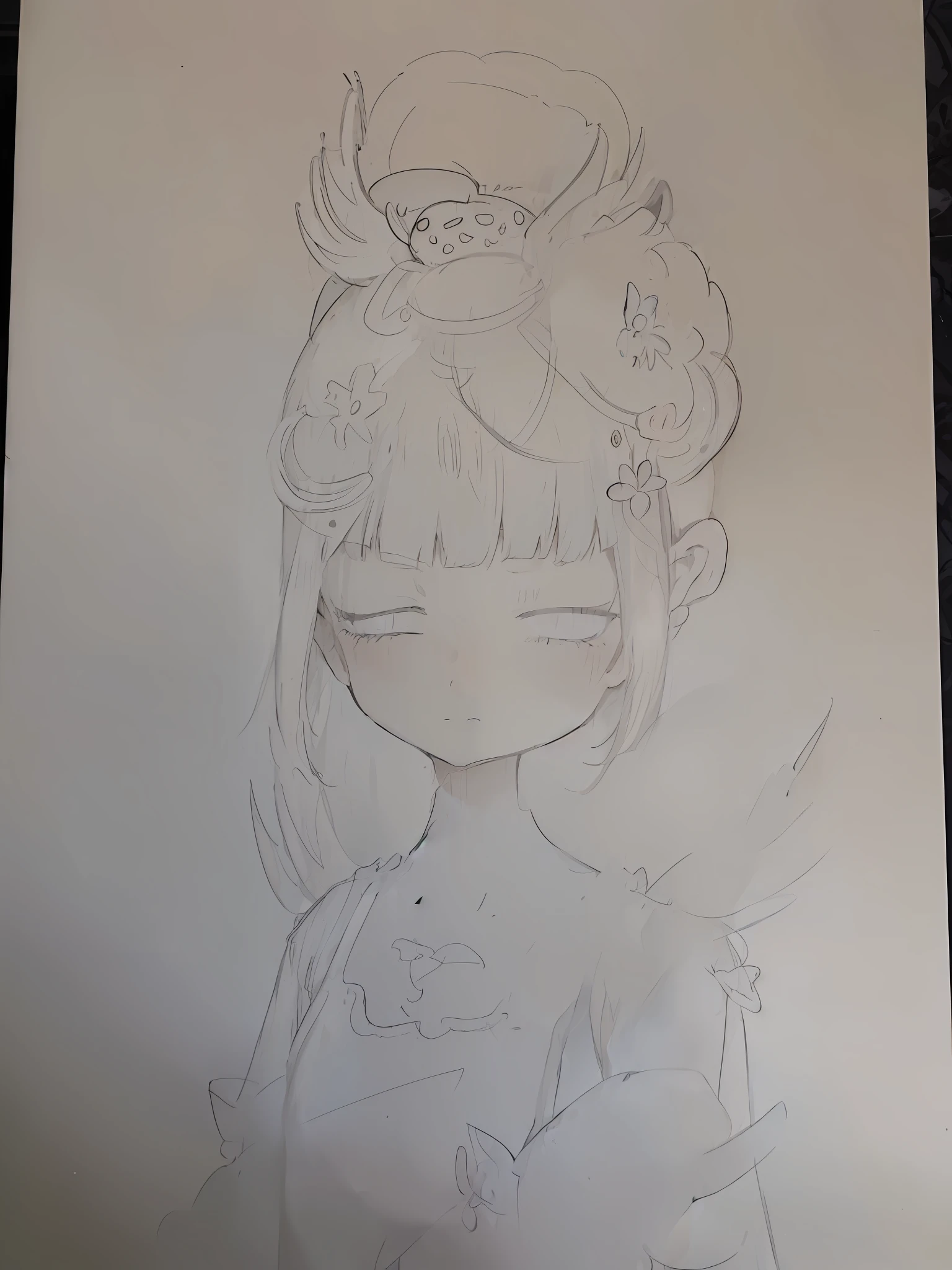Draw a girl with a bird on her head, no shade, small curvaceous , detailed but rough, an anime drawing, flat anime style shading, inspired by Takehisa Yumeji, inspired by Rumiko Takahashi, anime sketch, Rough sketch, anime style drawing, Anime Paintings, Outline sketch, inspired by Awataguchi Takamitsu,((best qualtiy)),((tmasterpiece)),((the detail:1.4)),chromatically