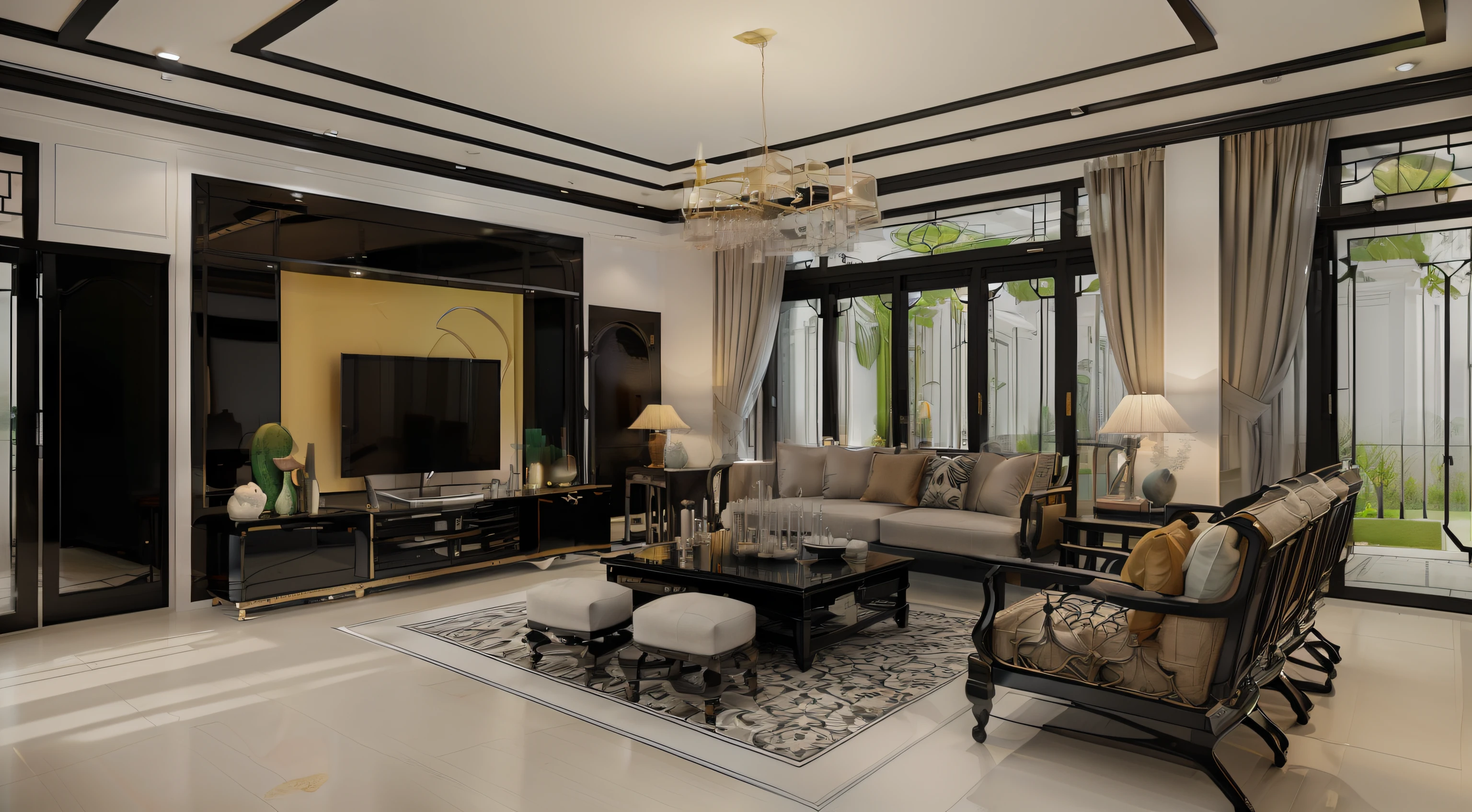 ((Best quality, 8k, Masterpiece :1.3)) (living room indochina BLACK Wood design: 1.3) glossy black wooden furniture , sofa , plaster ceiling , glossy mable floor , ink art , wall panel