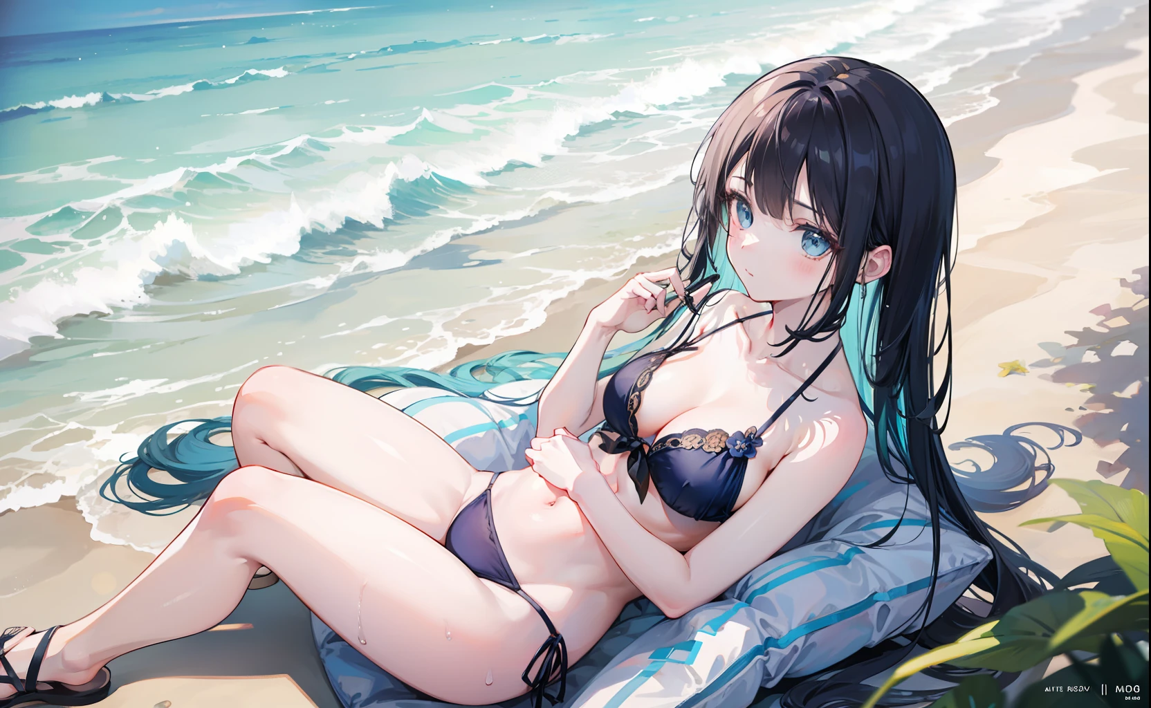 hatune miku, hatune miku, extremely fine and beautiful, watercolor medium, Beautiful detailed girl, from_above, focus on the girl, sitting, wet, flat ?????, girl,woman,female, little,child,10 years old, absurdly long hair, hair over shoulder, hair fluttering in the wind, Authentic and detailed face, blush, looking_away, ????_shoulders, delicate hands, large_???????, navel, , bow, ??????, sandals, ?????????????, collarbones, pale blue Clothes, sunlight, beach, ocean, lens flare, album cover, wallpaper 8k CG, very precise detailed, extremely detailed 8K wallpaper,