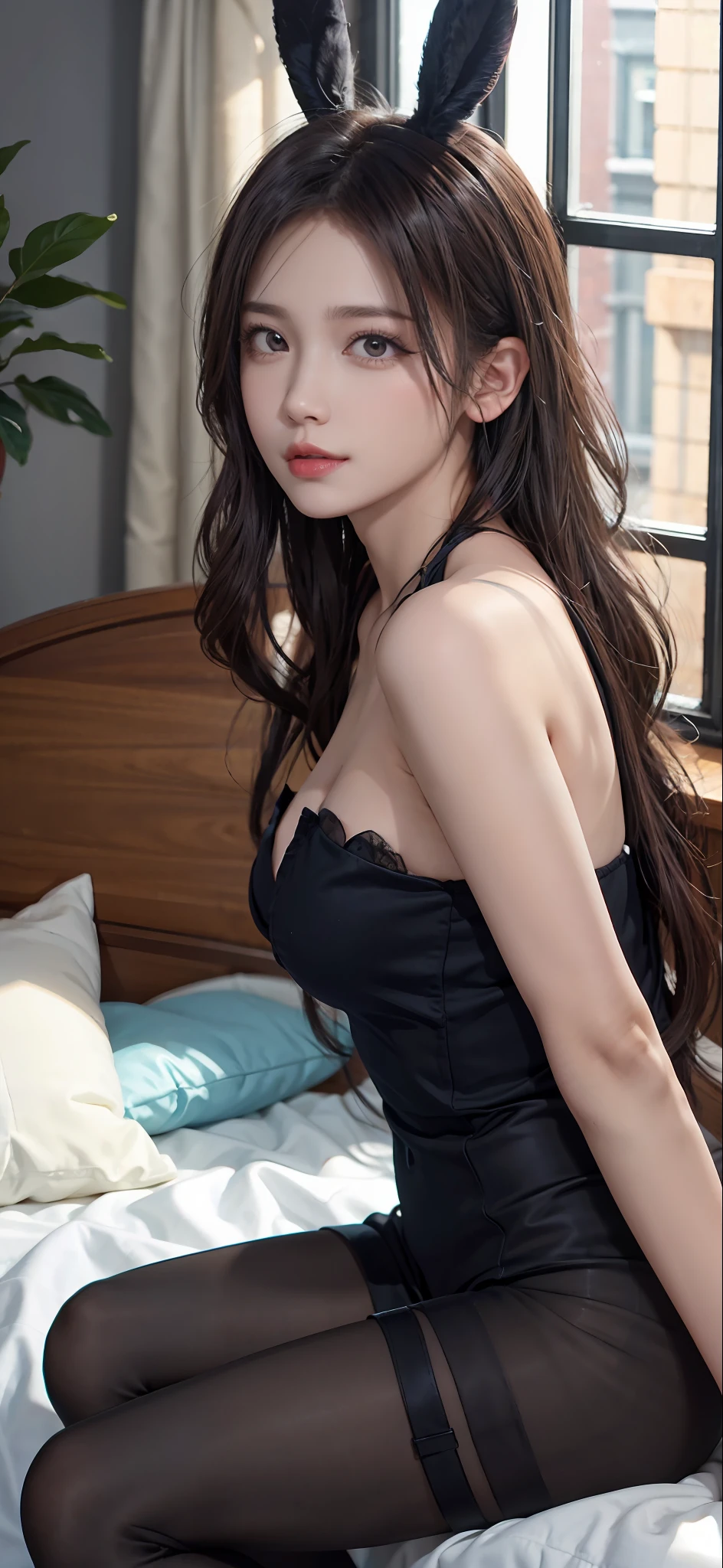 (RAW photos:1.2),high high quality,Beautiful Meticulous Girl,Bunny Girl,Lie down in bed,from the above,very detailed eyes and faces,beatiful detailed eyes,hugefilesize,A high resolution,8k wallpaper,finely detailled,Highly detailed stock code uniform 8k wallpaper,light in face,cinmatic lighting, girl,a sexy pose,(torealisti:1.4),illustratio,ultra-realistic realism,from the front side,super detailing, tmasterpiece, a playboy bunny,silk pantyhose, long whitr