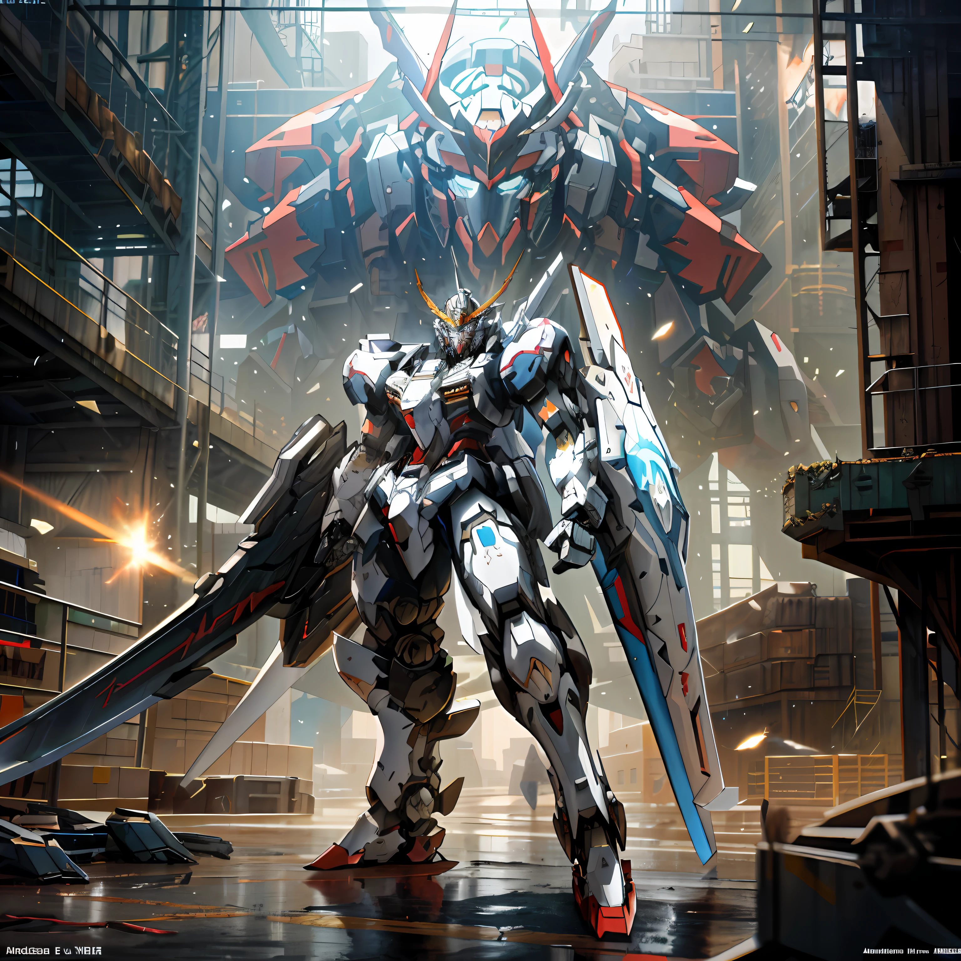 Arafeld robot standing in warehouse with a giant sword, modern mecha anime, krenz cushart and wenjun lin, mecha anime, cool mecha style, mecha art, anime concept hdr anime macmanus, alexandre ferra white mecha, krenz cushart and artem demura, greg rutkowski and krenz cushart
