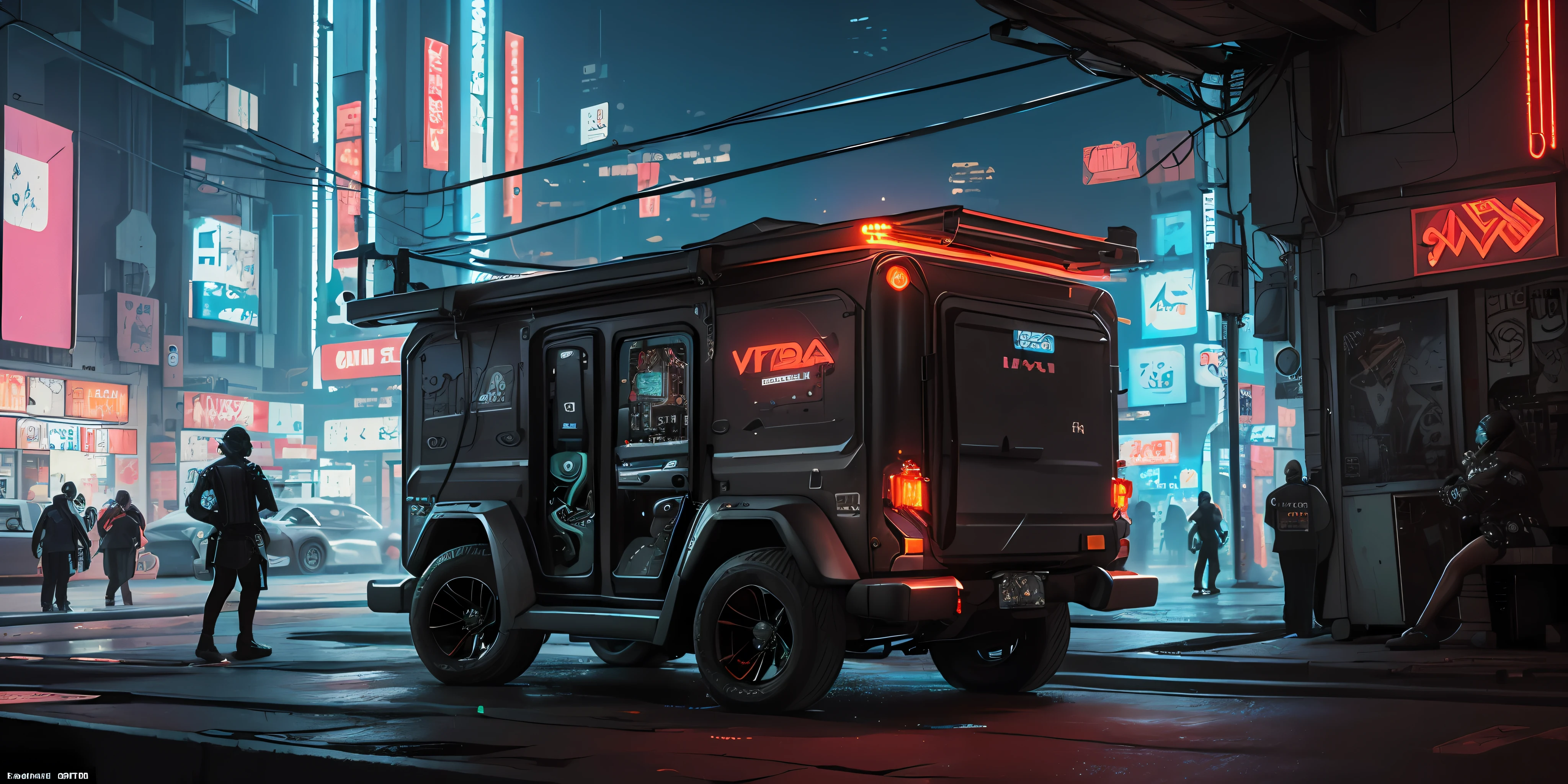 (at late night:1.3), , (detailed beautiful skin textures, detailed beautiful face, ultra detailed clothing textures), , (Cyberpunk:1.4), , (an ultra detailed (cyberpunk custumed:1.5) and 2-doors (very small utility vehicle:1.5) with (loads on roof racks:1.3) and (cargo on the back:1.3) and letter-tyres:1.3), , (3/4 front view, The car is in the center of the frame), , (at parking area, at ultra detailed Night City of Cyberpunk), (All cars are cyberpunk cars:1.2), , (softlighting), , (masterpiece, best quality:1.4, 8k, ultra detailed, illustration, distinct_image, intricate_details, delicate illustration), (realistic:0.15),