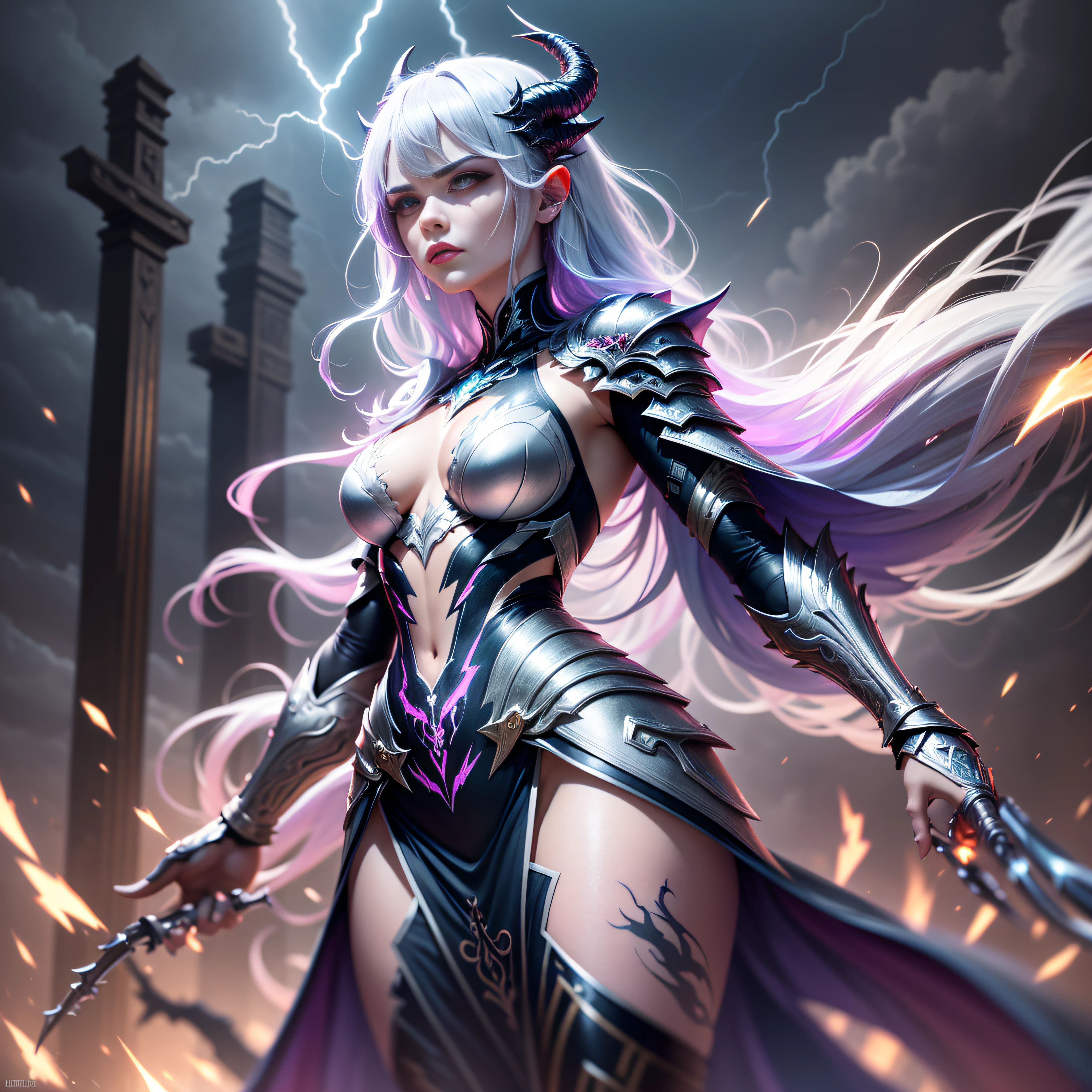 Raiden Zeus - Maiden, Silver emanation, Lightning and lightning surround the body, Lightning storm, Thunder and lightning glow eyes, The arm is tattooed with a lightning tattoo, Wearing a white gold-trimmed thunder aura armor, colored inner hair, dragon horns, disdain, Futurism, Romanticism, cinematic lighting, motion blur, Canon, 8k, best quality