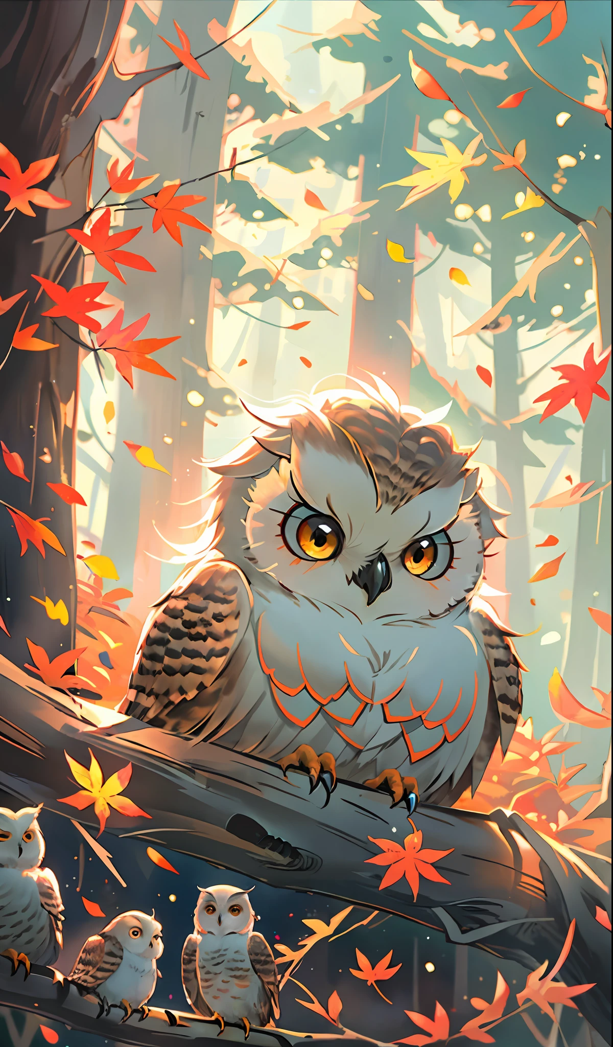 there is a painting of an owl sitting on a tree branch, adorable digital painting, cute detailed digital art, cute owl, cute digital art, 🍁 cute, 🍂 cute, by Yang J, by Ryan Yee, cute detailed artwork, cute artwork, radiant owl, wlop rossdraws, with a cute fluffy owl, wlop art, cute forest creature