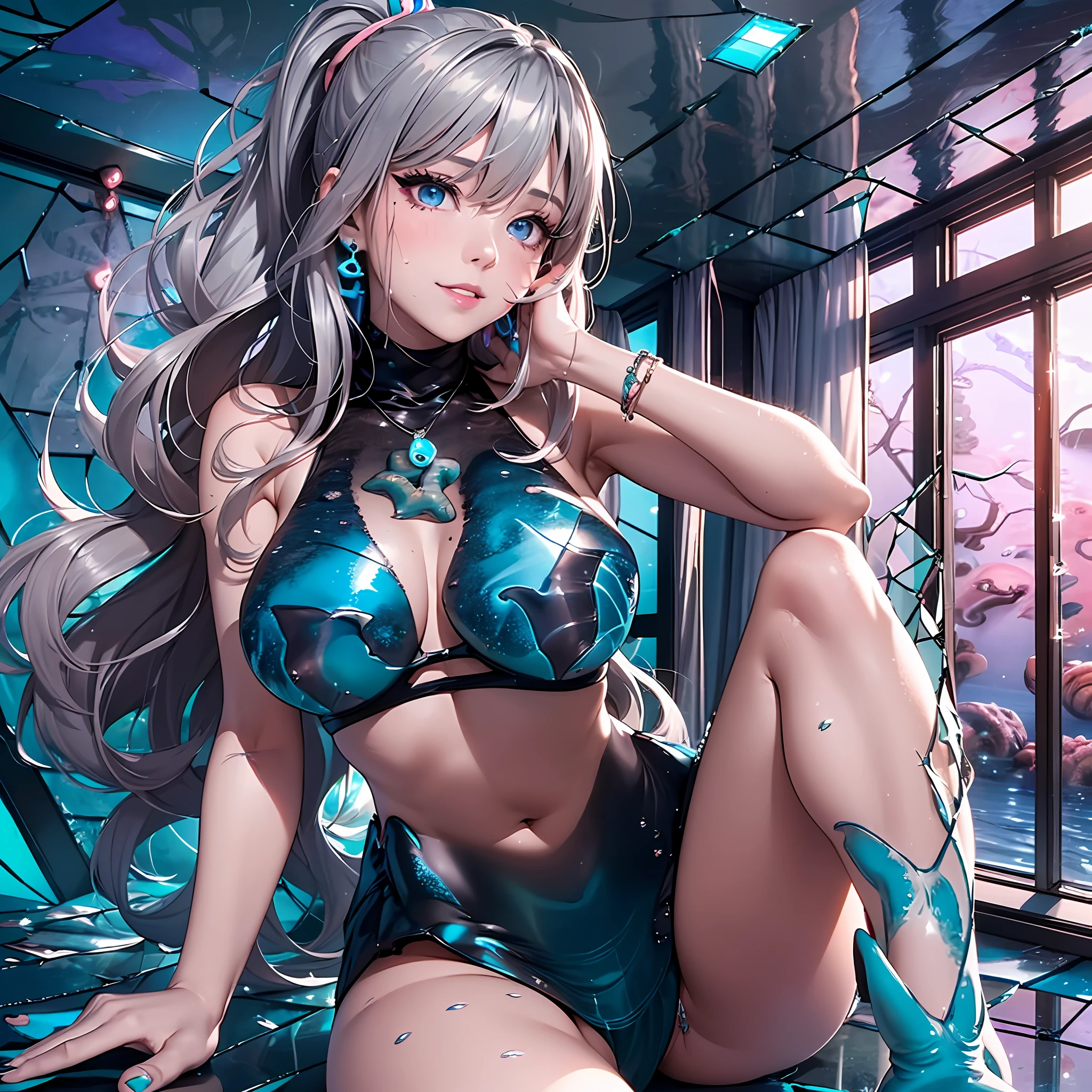 (masutepiece: 1.3), (max resolution: 1.2), (Ultra HDTV: 1.2), cinema lite, Ultra HDTV, (Detailed eyes and skin), (detailed facial features), 8K resolution, Sharp Focus: 1.2, Perfect Style, Beautiful Face, accurate, Anatomically correct, Highly detailed face and skin texture, Detailed eyes, Dark-blue eyes, Double eyelids, Thin eyebrows, (dropped eyes:0.65), (Glitter Eyeliner:1.2), Natural cheeks, (Sweaty skin), (Fair skin:1.2), shiny necklace and earrings, (Glossy lips: 1.4), BREAK, absurderes, One-person viewpoint, ((In the super erotic nightclub:1.4)), (((A room with glass walls overlooking a breathtaking view of the deep sea:2.5))), ((A variety of deep-sea creatures.)), BREAK, ((Pink neon lights:1.2)), (((dim lighting:1.3))), BREAK, (She is Very Cute nightclub staff), (While Wearing a white String micro bikini:1.2), BREAK, (wear a blazer:1.3), BREAK, ((skirt:1.2)), (high heels), BREAK, (Goddess smile:1.2), ((18 years old, A Very Cute and neat girl:1.3)), (high-ponytail hairstyle, Wavy Hair), ((Dark Silver hair:1.4)), Medium Long Hair, BREAK. ((full body shot: 1.2)), (looking at viewer:1.2), ((Sexy pose with breasts sticking out:1.4)), (by the bar counter)), (Focus on breasts:1.6), (From below), medium large breasts,