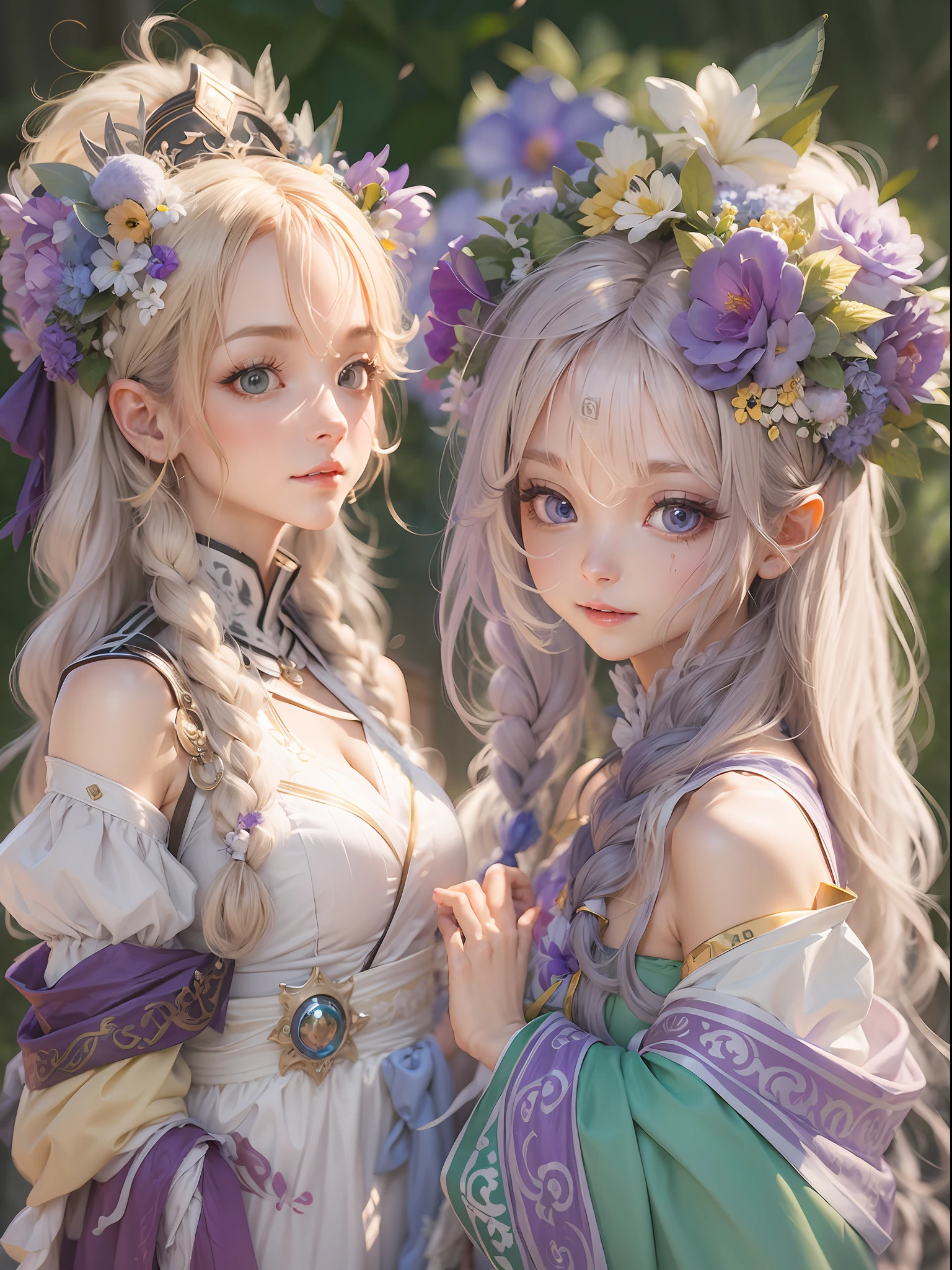 best qualtiy,8K,Best quality,(the detail:1.4), Blonde hair, hair flower, head wreath, Gradient_Eyes, long eyelasher, tsurime, wince, eyebrows behind the hair, Purple hair, Very long hair, Floating hair, Absurdly long hair, Anime, intriguing,cheerfulness,first person perspective, neo-classical, Renaissance,Epic and beautiful character art,Stunning character art,Ray traching,The costumes and facial expressions of the characters are very detailed,Displays a detailed description