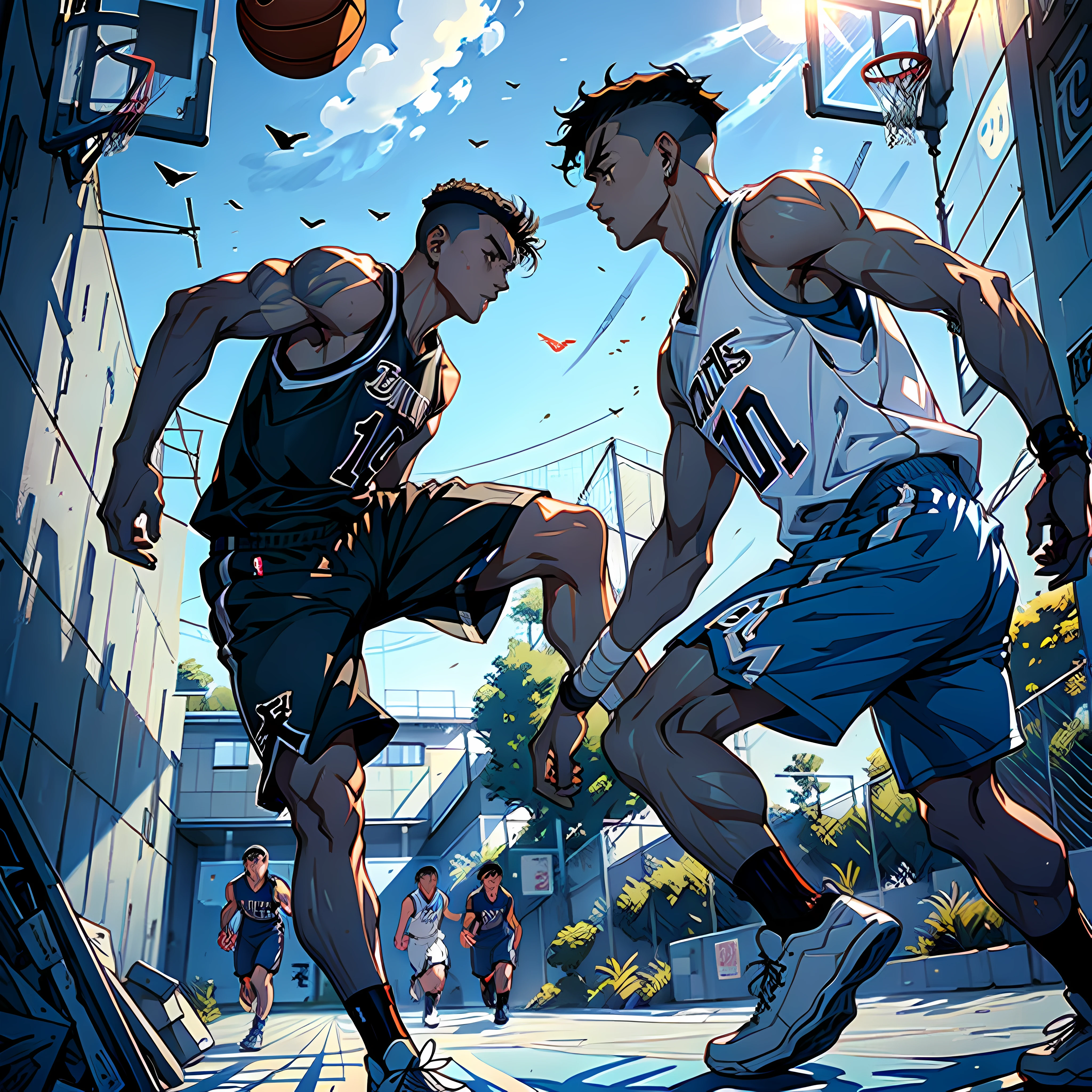 Cartoon illustration of a group of teenagers on basketball court,The basketball scene is full of action，basketball player， Game cover art，art work, highly details，Comic book style，Sports field details，exquisite face，A moving image masterpiece，独奏，best qualityer，5 males，game promotional poster,Sports field details,Comic book style，Handsome，Elaborate Eyes，Complicated details，basketball suit，Basketball shorts，athletic sneakers，Disheveled black hair，Intricate patterns，Optimal light and shadows，Mottled sunlight，Slam Dunk scene，In the daytime，depth of fields，夏天，Artistically，depth of fields，Cartoon illustration of smiling group of teenagers on basketball court,The basketball scene is full of action，basketball player， Game cover art，art work, highly details，Comic book style，Sports field details，exquisite face，A moving image masterpiece，独奏，best qualityer，5 males，game promotional poster,Sports field details,Comic book style，Handsome，Elaborate Eyes，Complicated details，basketball suit，Basketball shorts，athletic sneakers，Disheveled black hair，Intricate patterns，Optimal light and shadows，Mottled sunlight，Slam Dunk scene，In the daytime，depth of fields，夏天，Artistically，depth of fields，ssmile